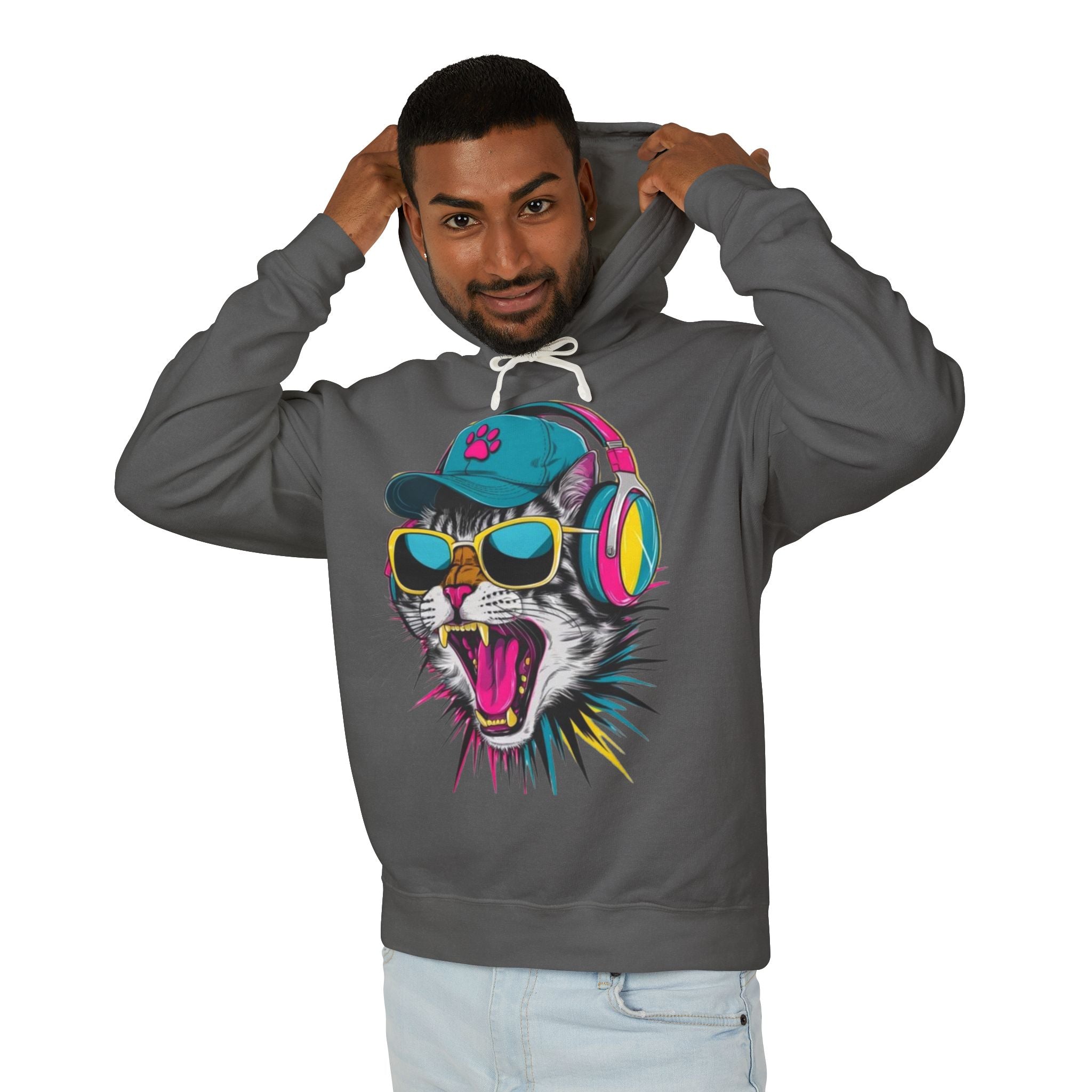 Cat DJ Hoodie — Neon Retro Cat With Headphones Graphic Hoodie