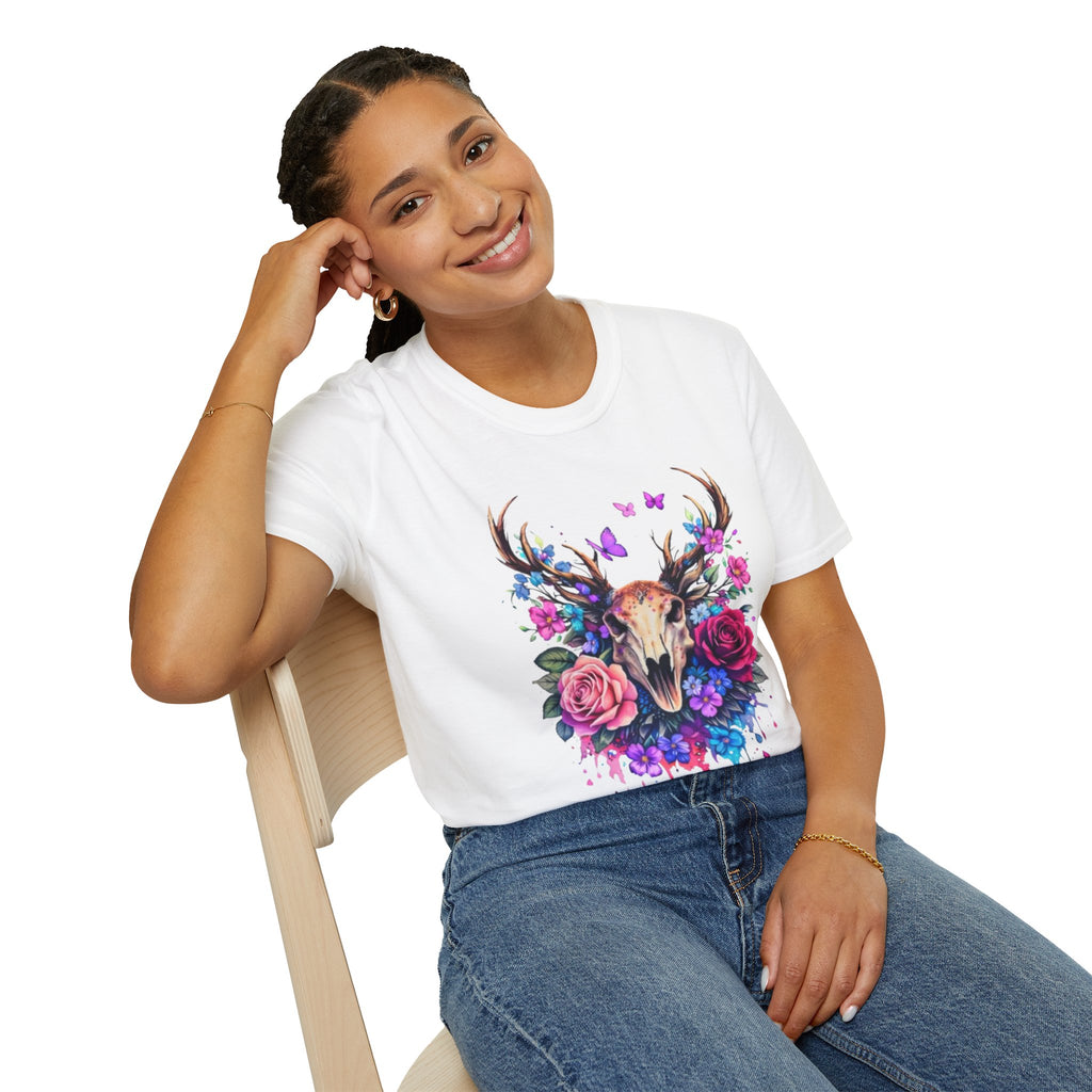 Deer Skull Floral T‑Shirt — Colorful Antler Skull with Roses