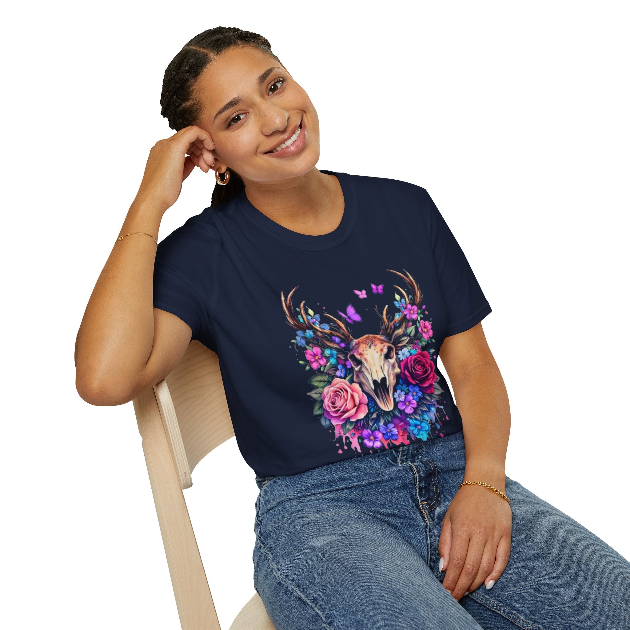 Deer Skull Floral T‑Shirt — Colorful Antler Skull with Roses