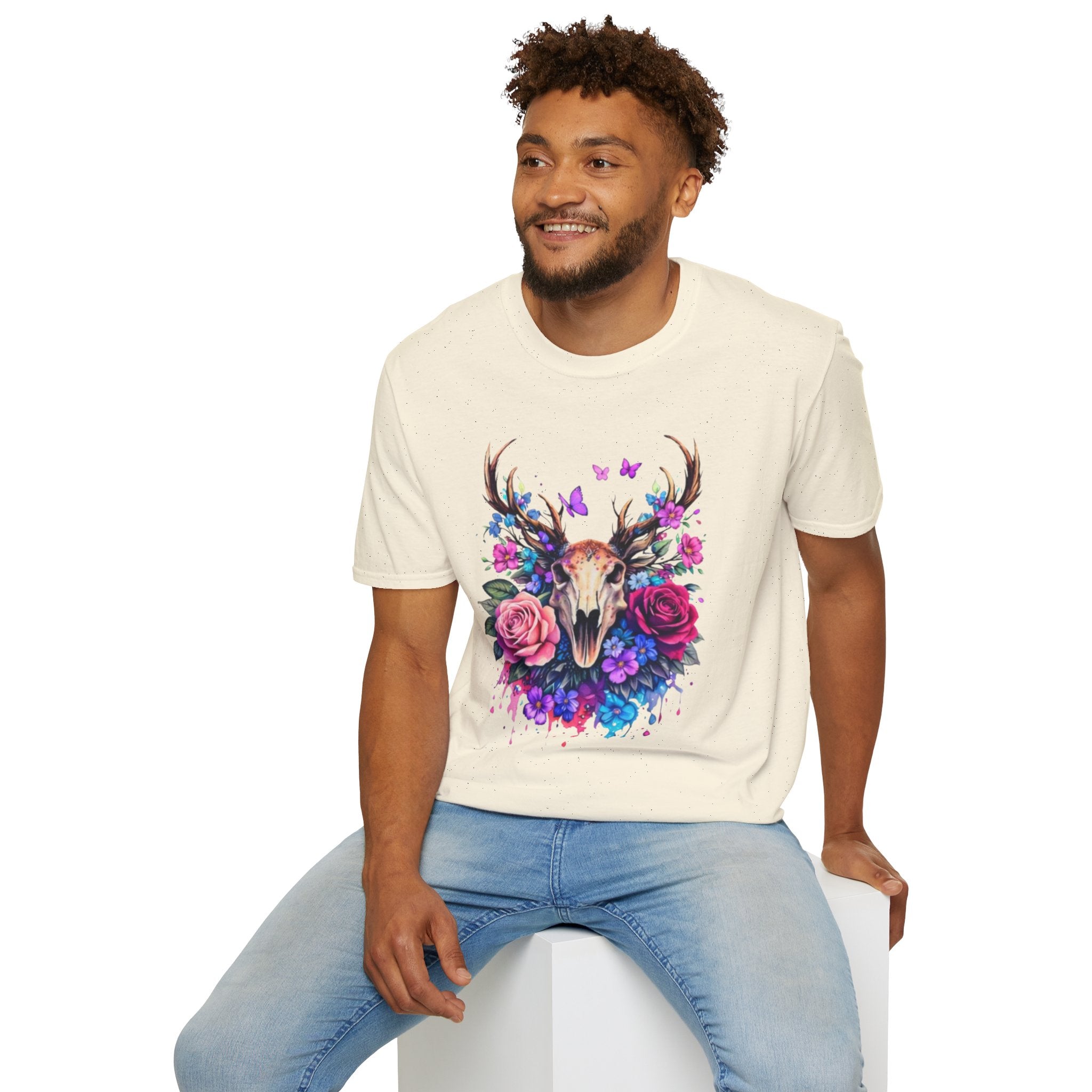 Deer Skull Floral T‑Shirt — Colorful Antler Skull with Roses
