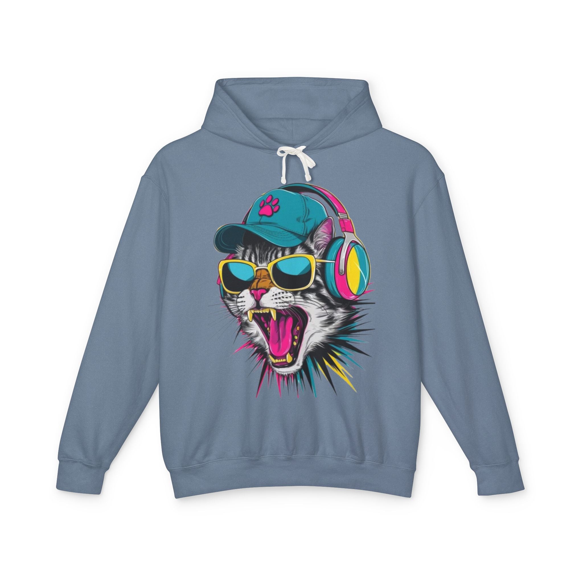 Cat DJ Hoodie — Neon Retro Cat With Headphones Graphic Hoodie