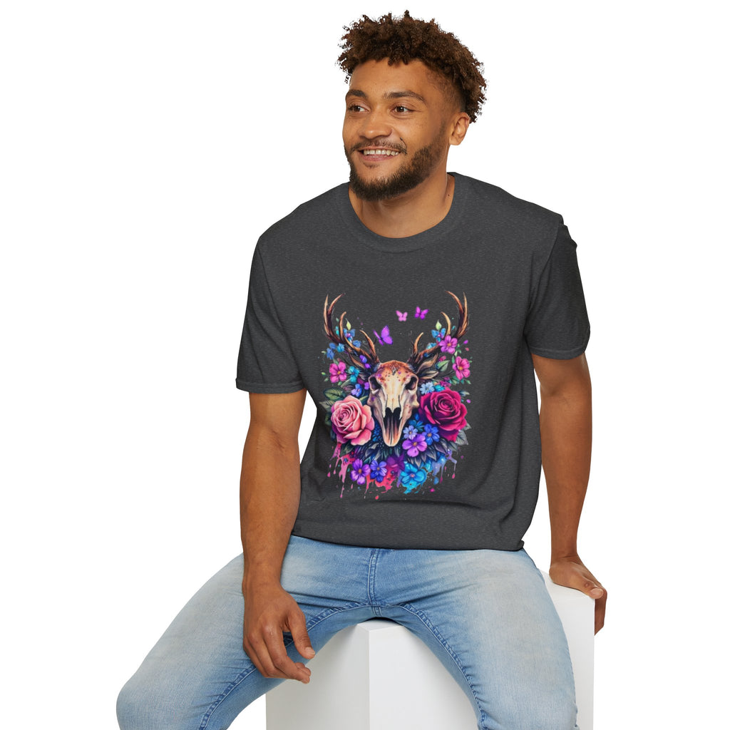 Deer Skull Floral T‑Shirt — Colorful Antler Skull with Roses