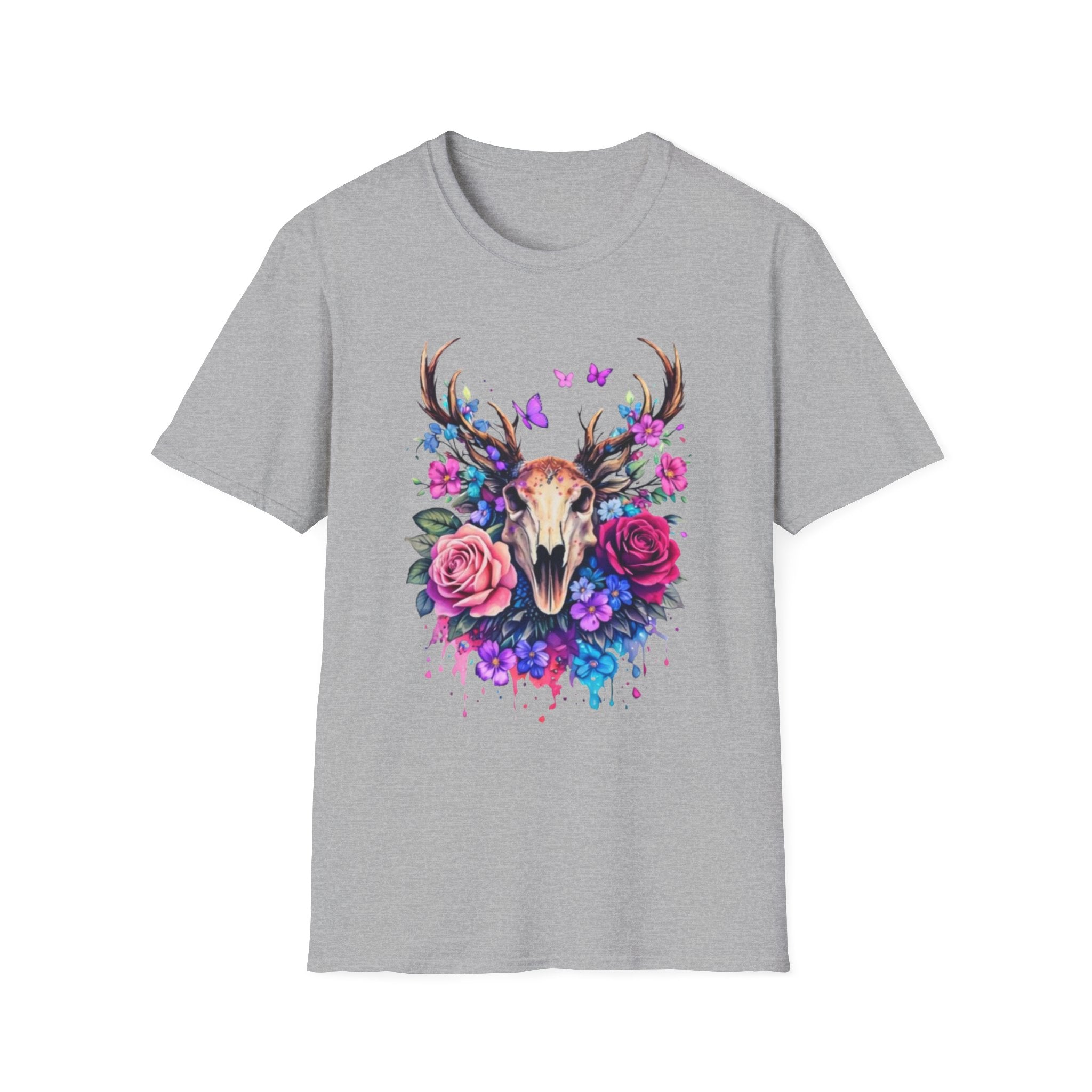 Deer Skull Floral T‑Shirt — Colorful Antler Skull with Roses