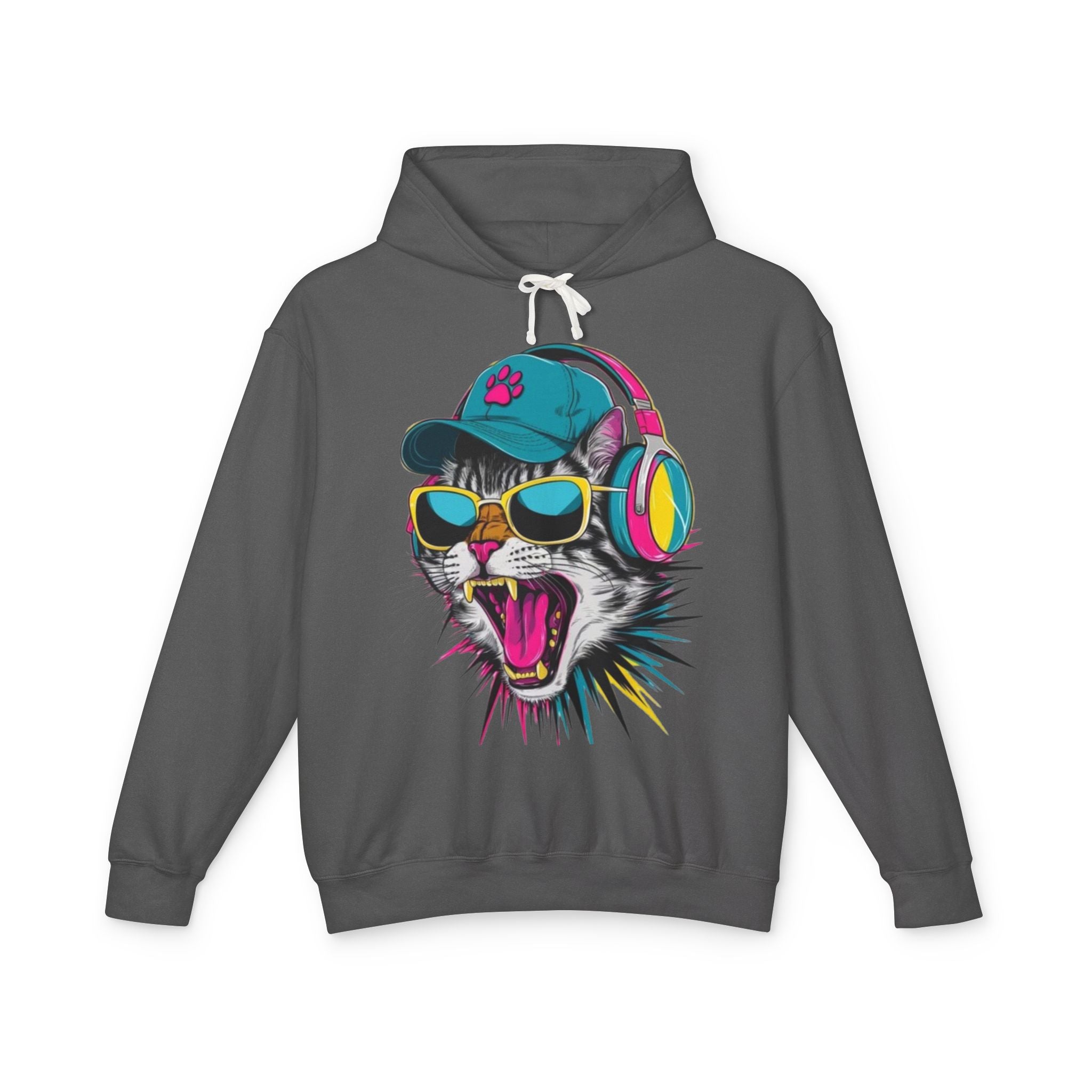 Cat DJ Hoodie — Neon Retro Cat With Headphones Graphic Hoodie