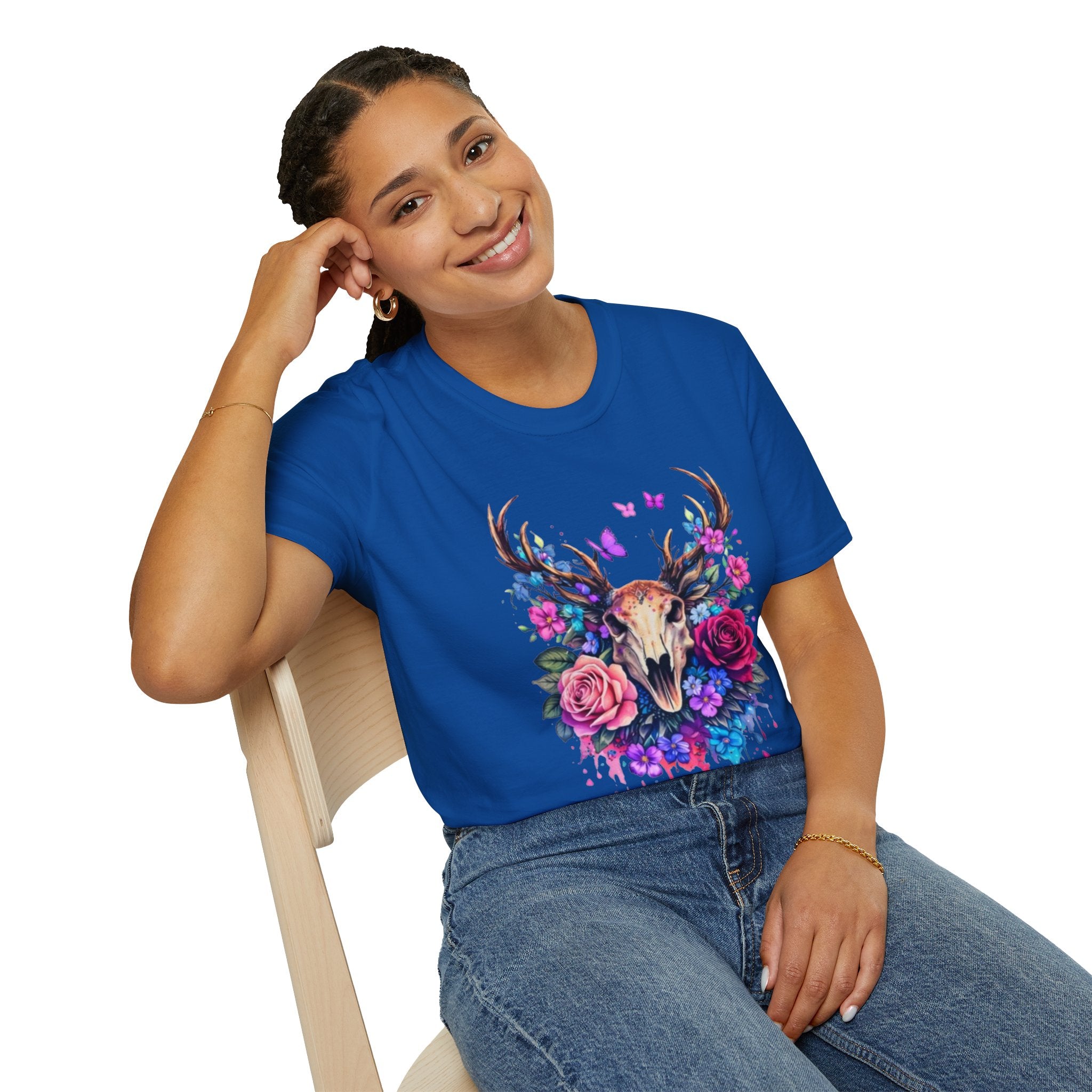 Deer Skull Floral T‑Shirt — Colorful Antler Skull with Roses