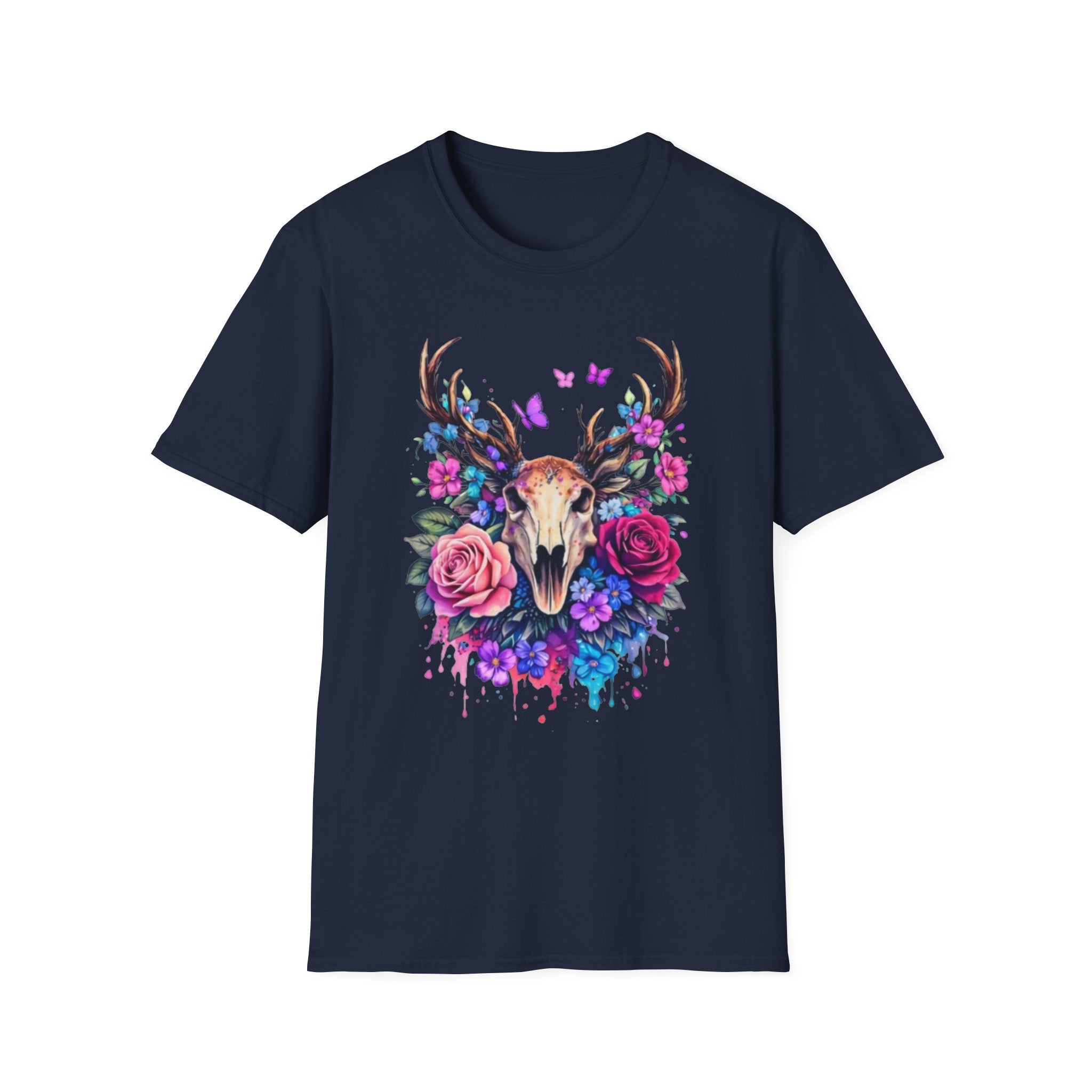 Deer Skull Floral T‑Shirt — Colorful Antler Skull with Roses