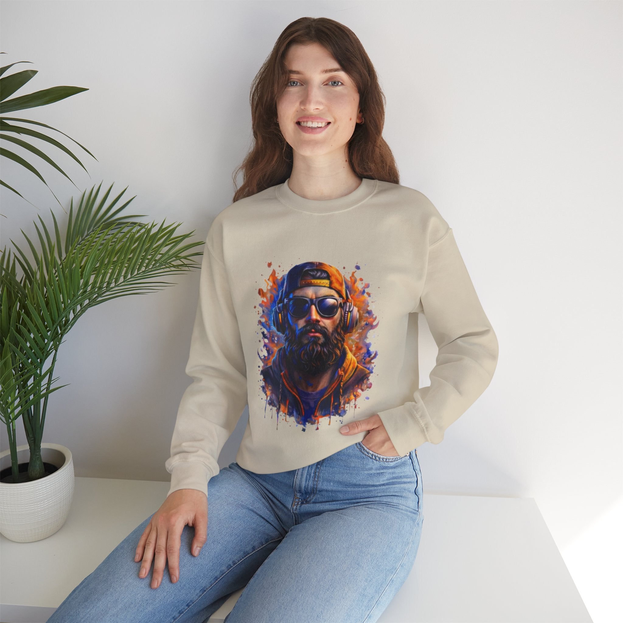 Bearded Hipster Portrait Sweatshirt — Artistic Drip Paint Crewneck