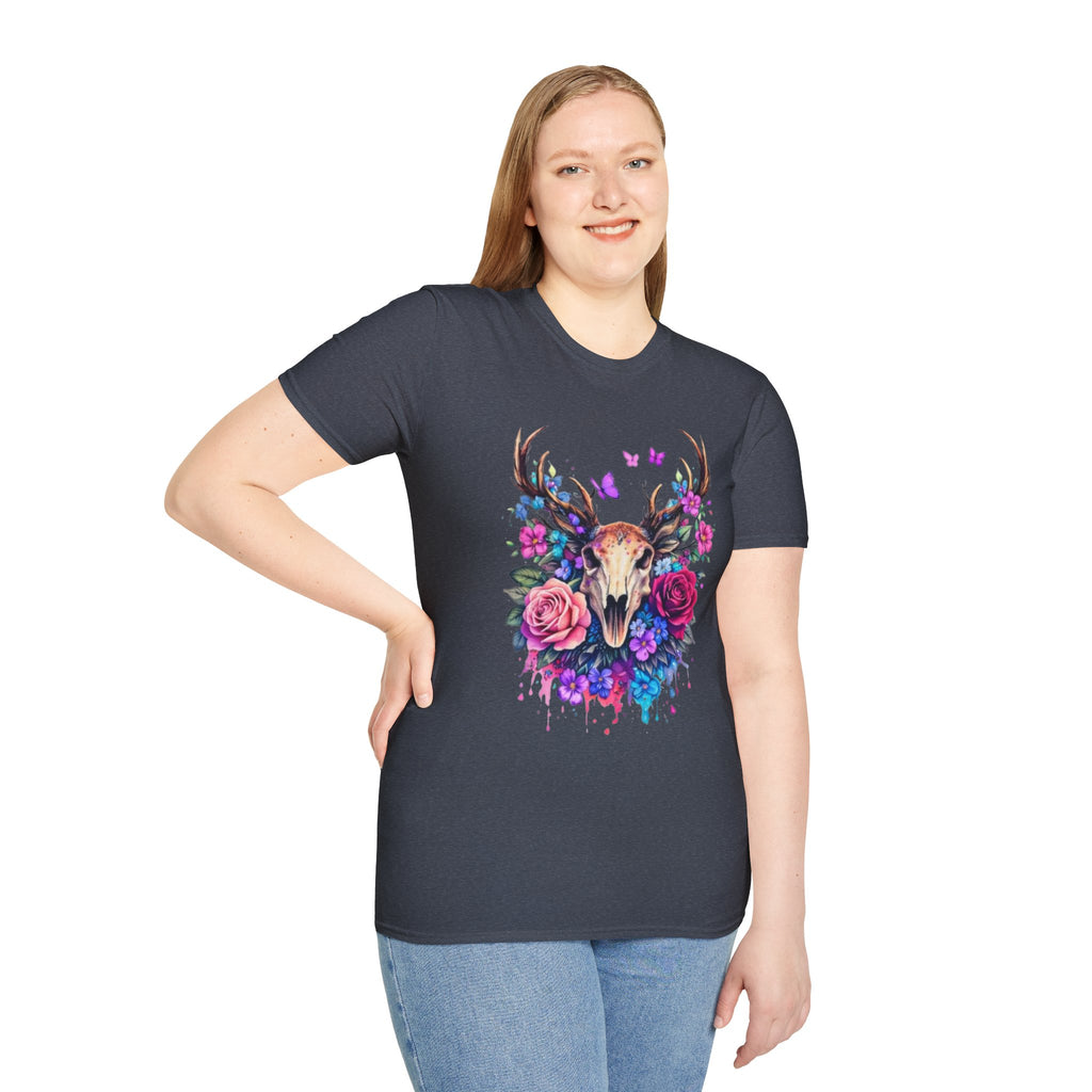 Deer Skull Floral T‑Shirt — Colorful Antler Skull with Roses