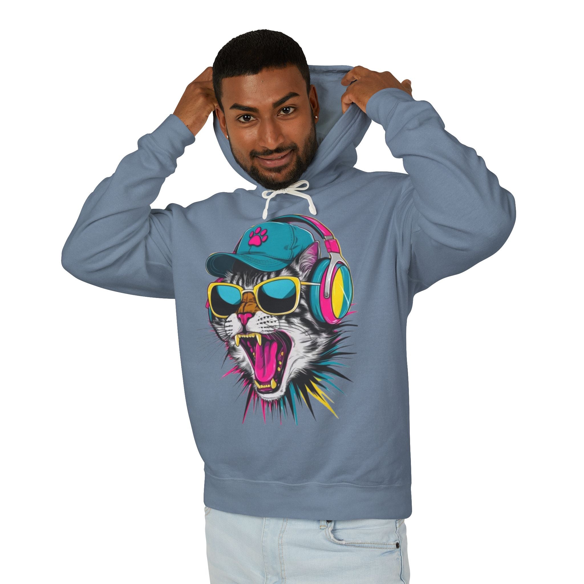 Cat DJ Hoodie — Neon Retro Cat With Headphones Graphic Hoodie