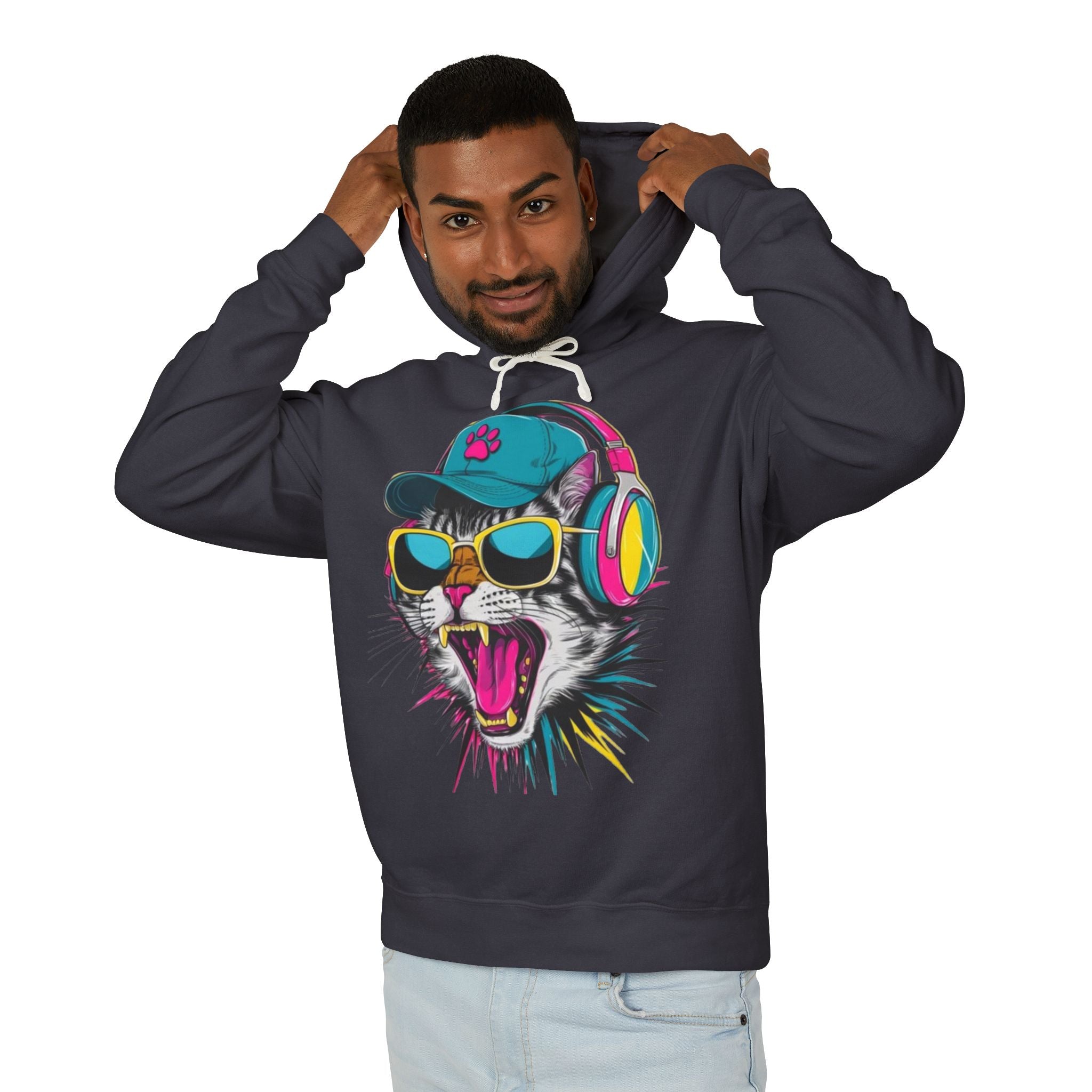 Cat DJ Hoodie — Neon Retro Cat With Headphones Graphic Hoodie