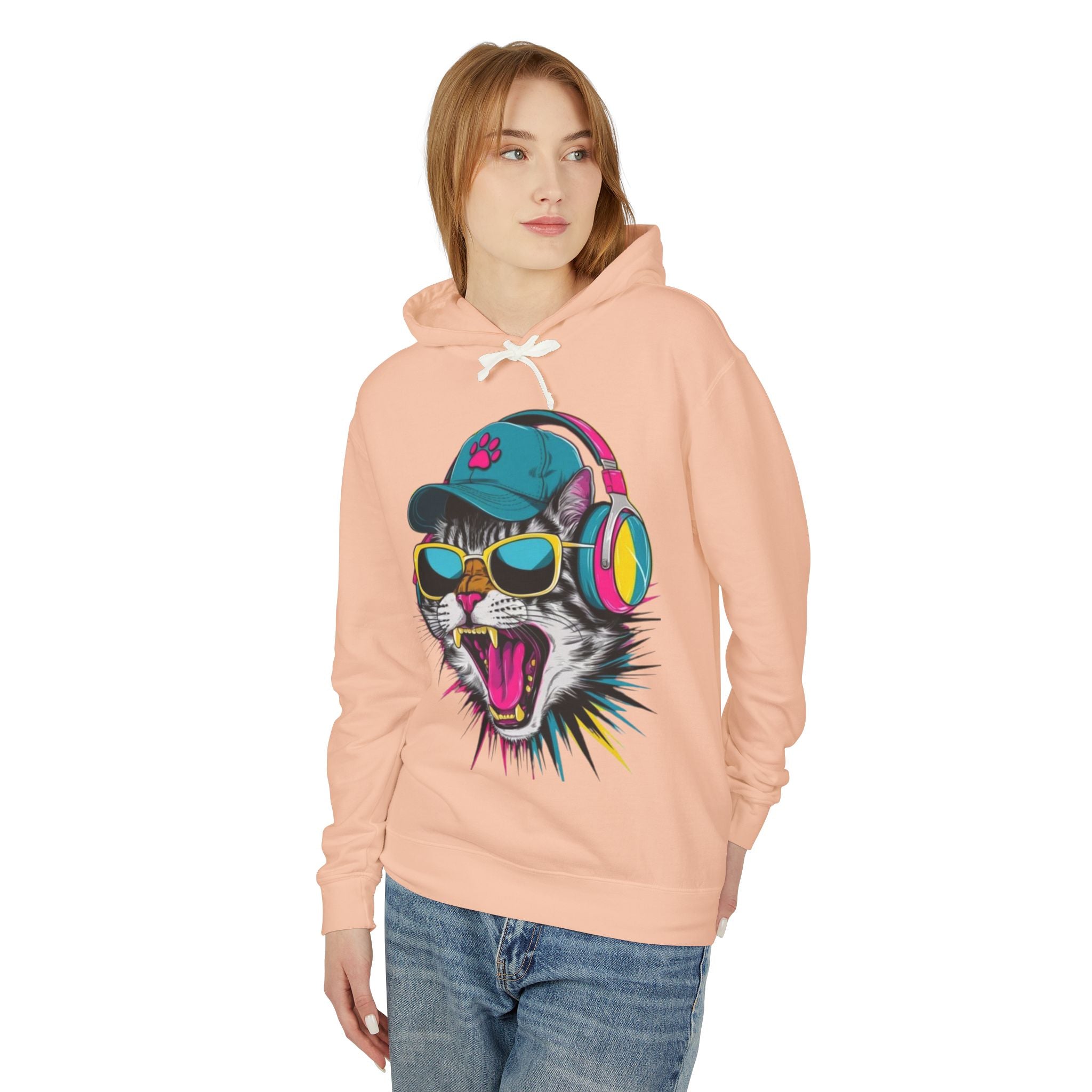 Cat DJ Hoodie — Neon Retro Cat With Headphones Graphic Hoodie