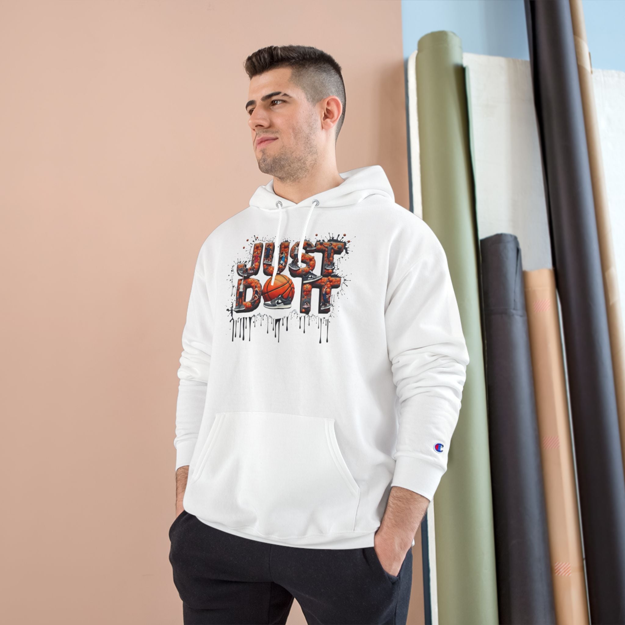 Just Do It Hoodie — White Champion Pullover with Drip Graffiti Text