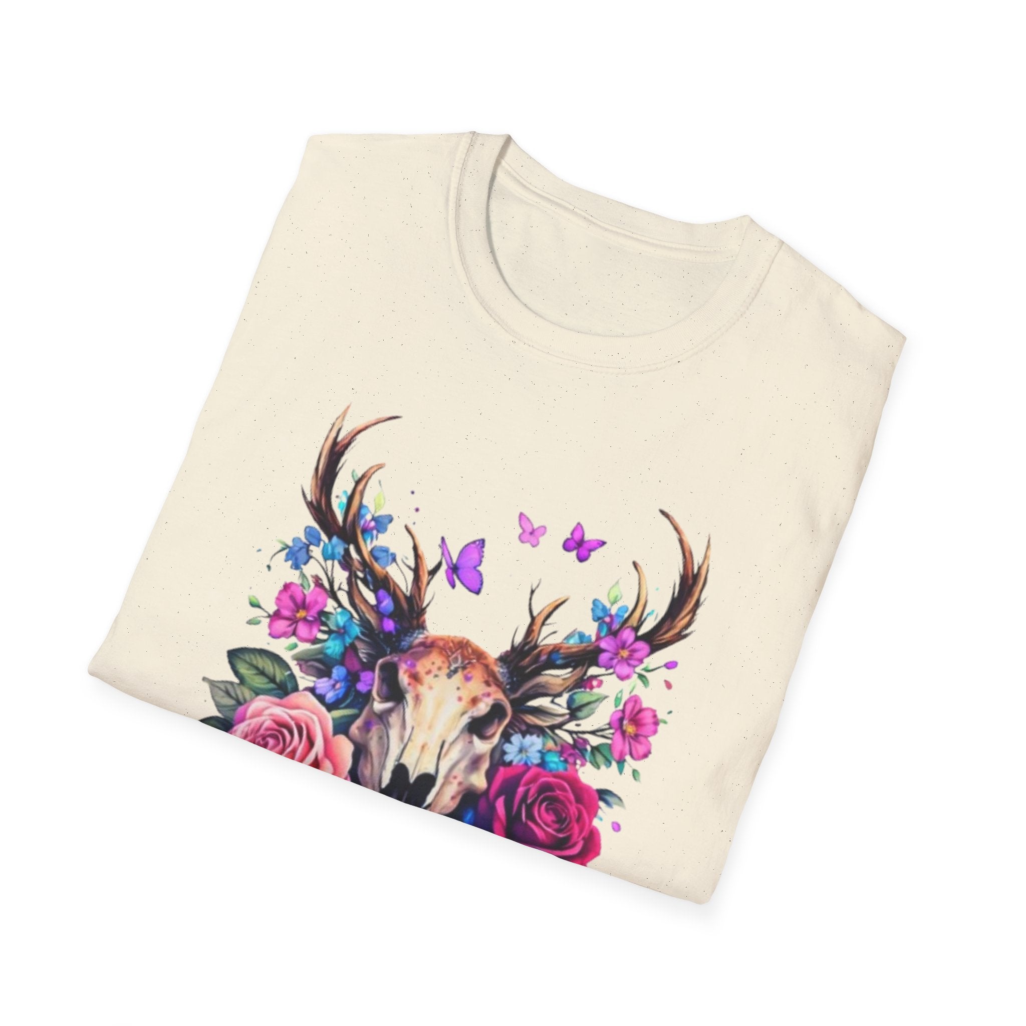 Deer Skull Floral T‑Shirt — Colorful Antler Skull with Roses