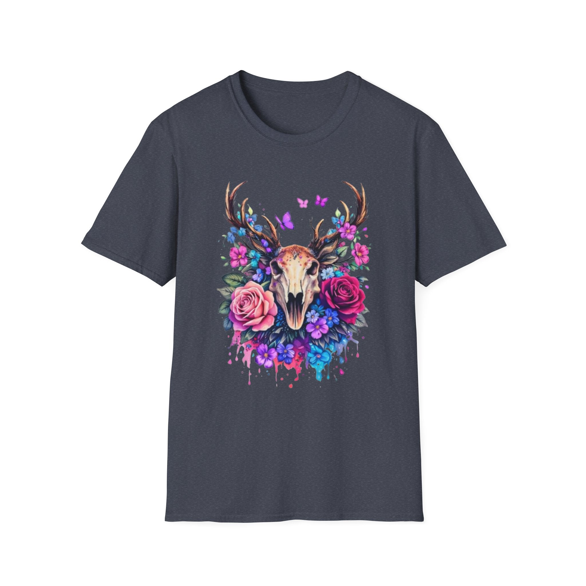 Deer Skull Floral T‑Shirt — Colorful Antler Skull with Roses