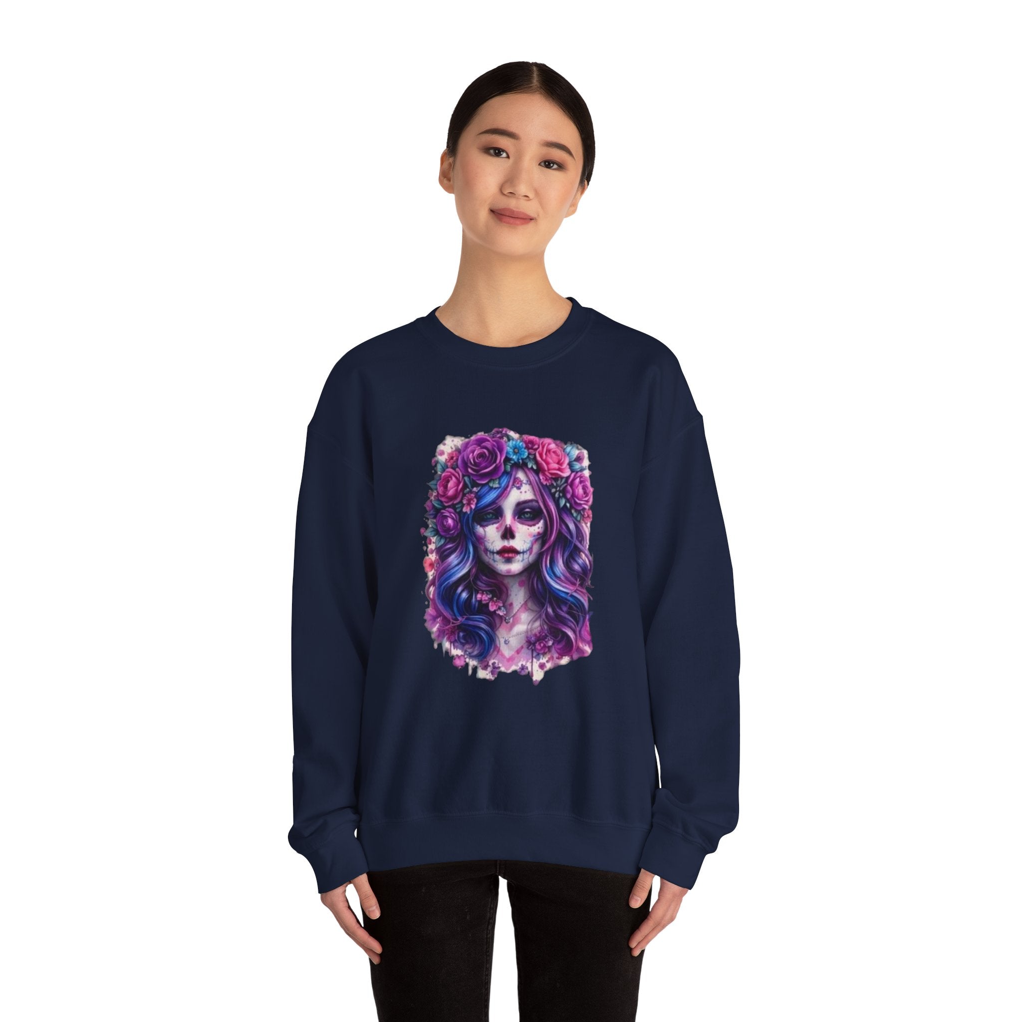 Sugar Skull Floral Crewneck Sweatshirt — Day of the Dead Skull Girl Design