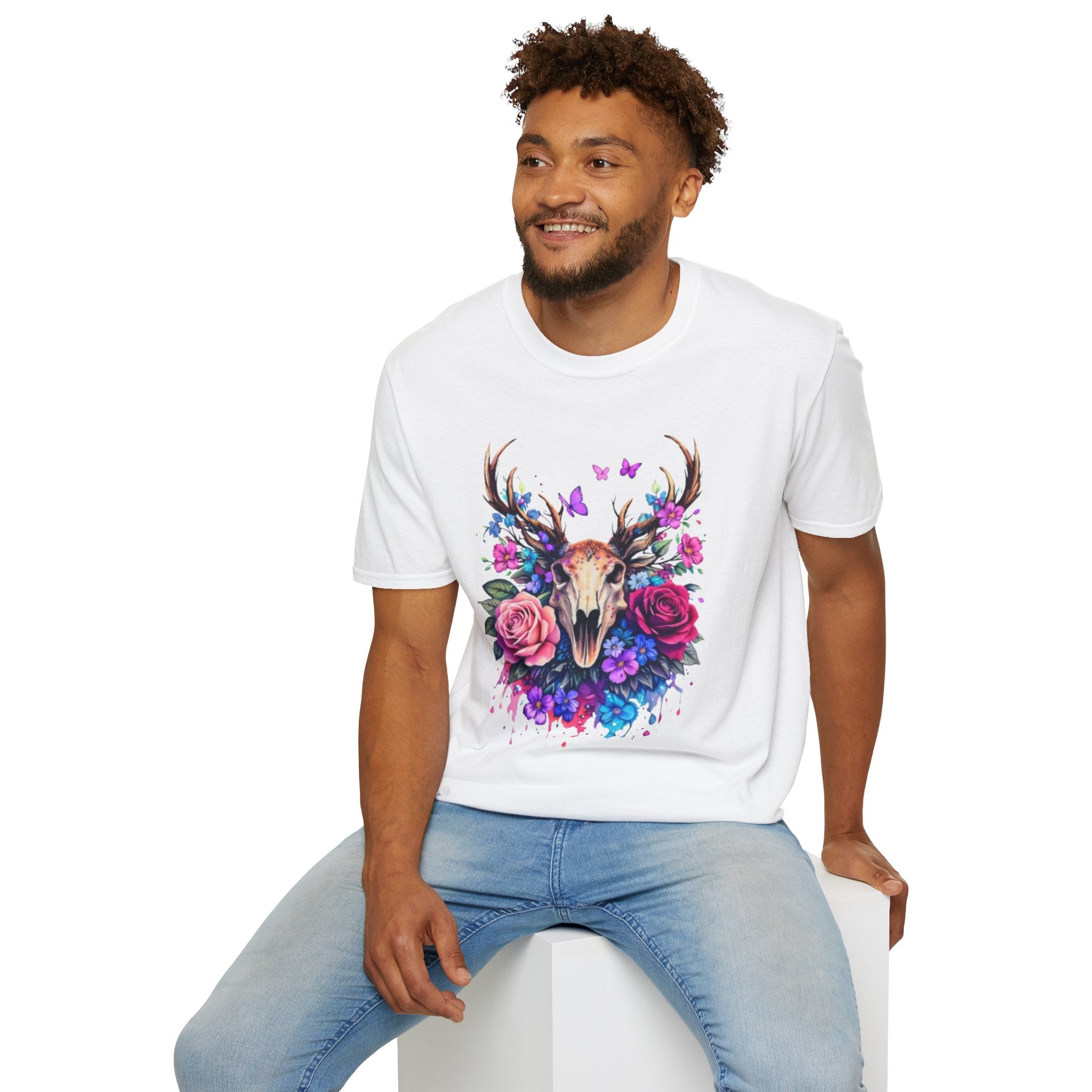Deer Skull Floral T‑Shirt — Colorful Antler Skull with Roses