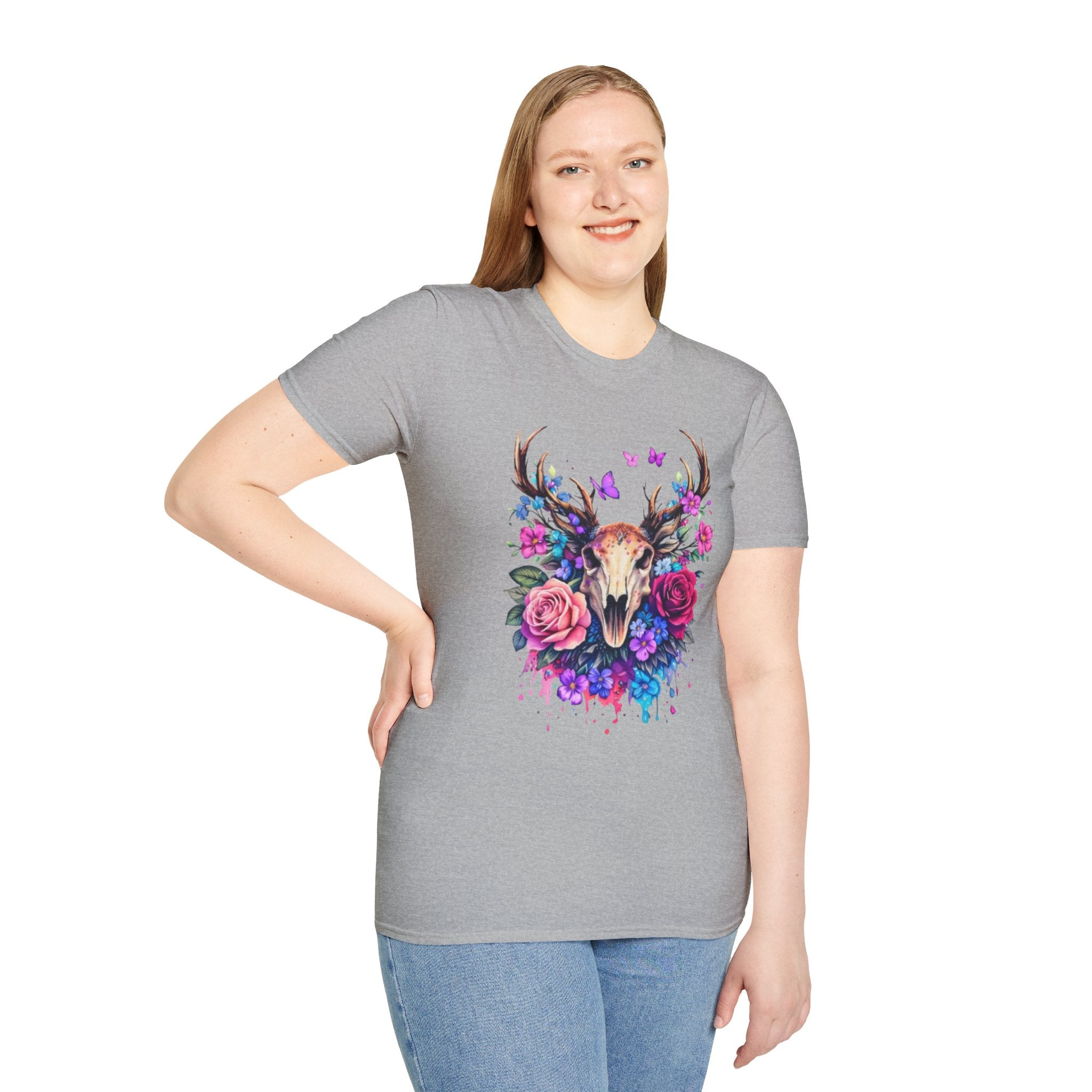 Deer Skull Floral T‑Shirt — Colorful Antler Skull with Roses