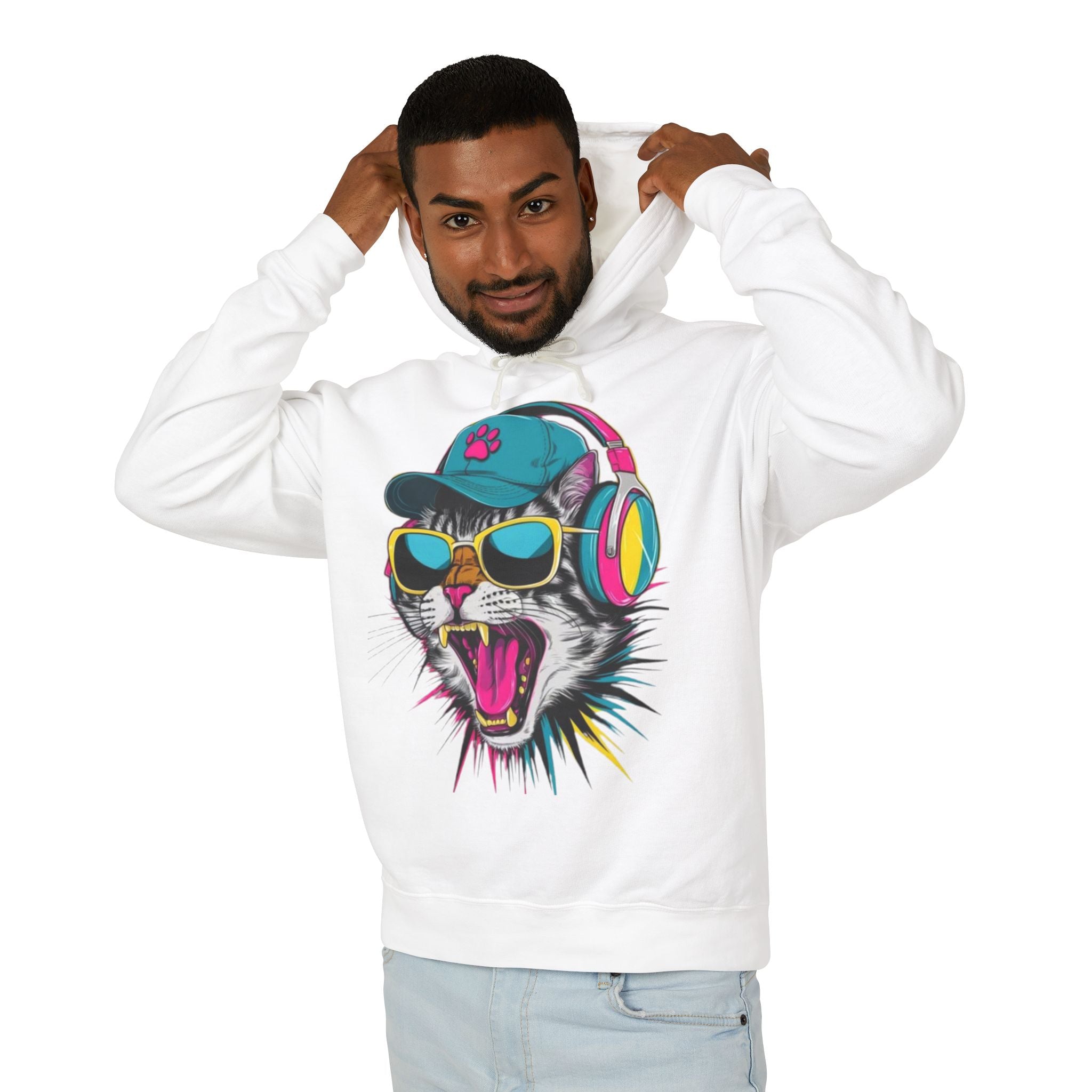 Cat DJ Hoodie — Neon Retro Cat With Headphones Graphic Hoodie