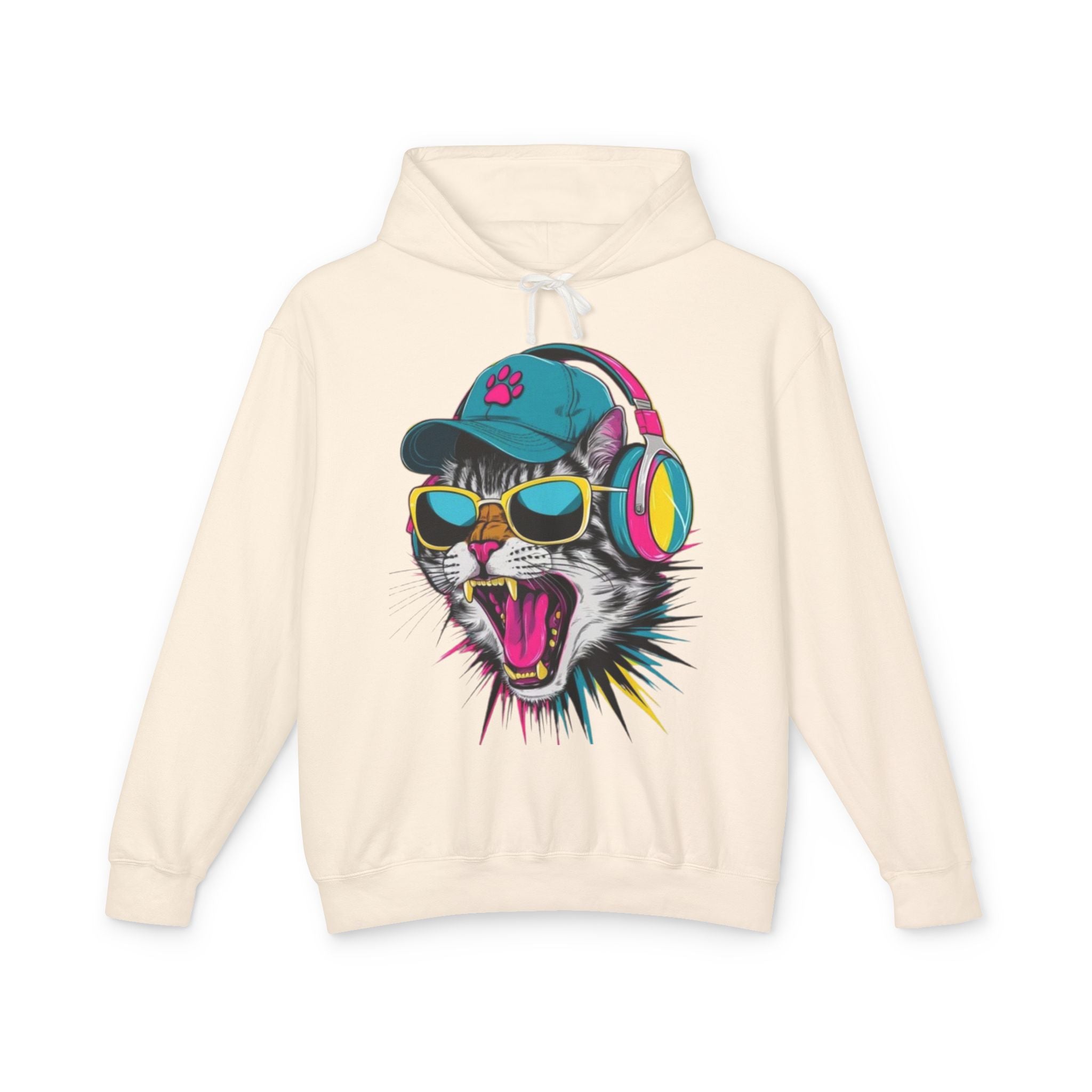 Cat DJ Hoodie — Neon Retro Cat With Headphones Graphic Hoodie
