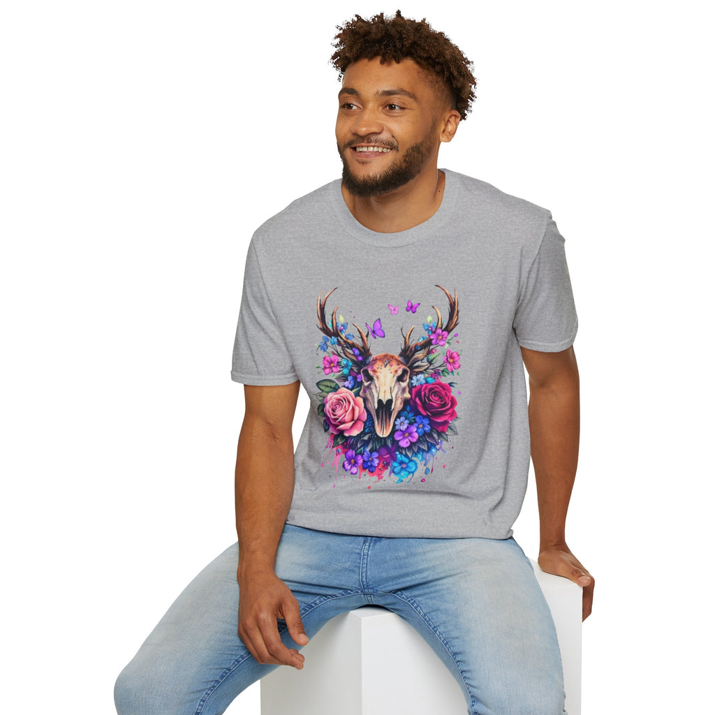 Deer Skull Floral T‑Shirt — Colorful Antler Skull with Roses