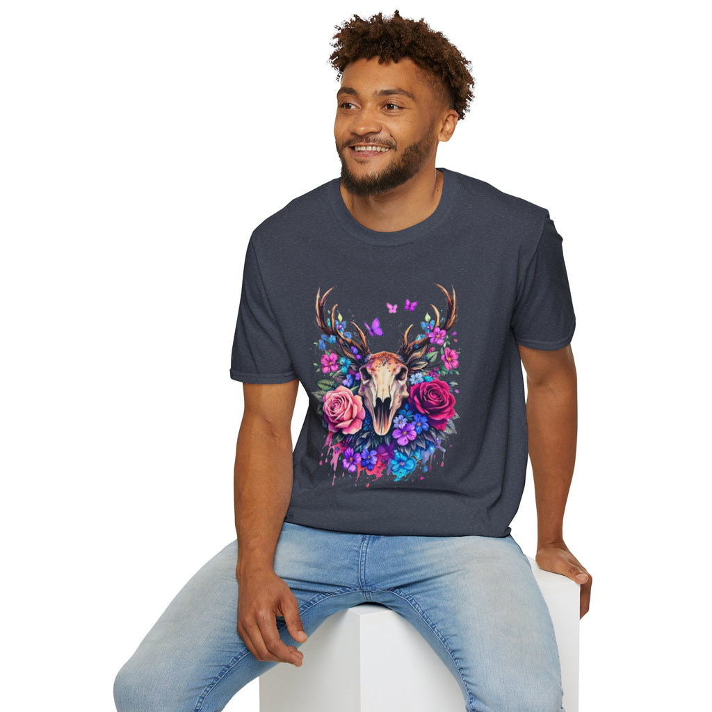 Deer Skull Floral T‑Shirt — Colorful Antler Skull with Roses
