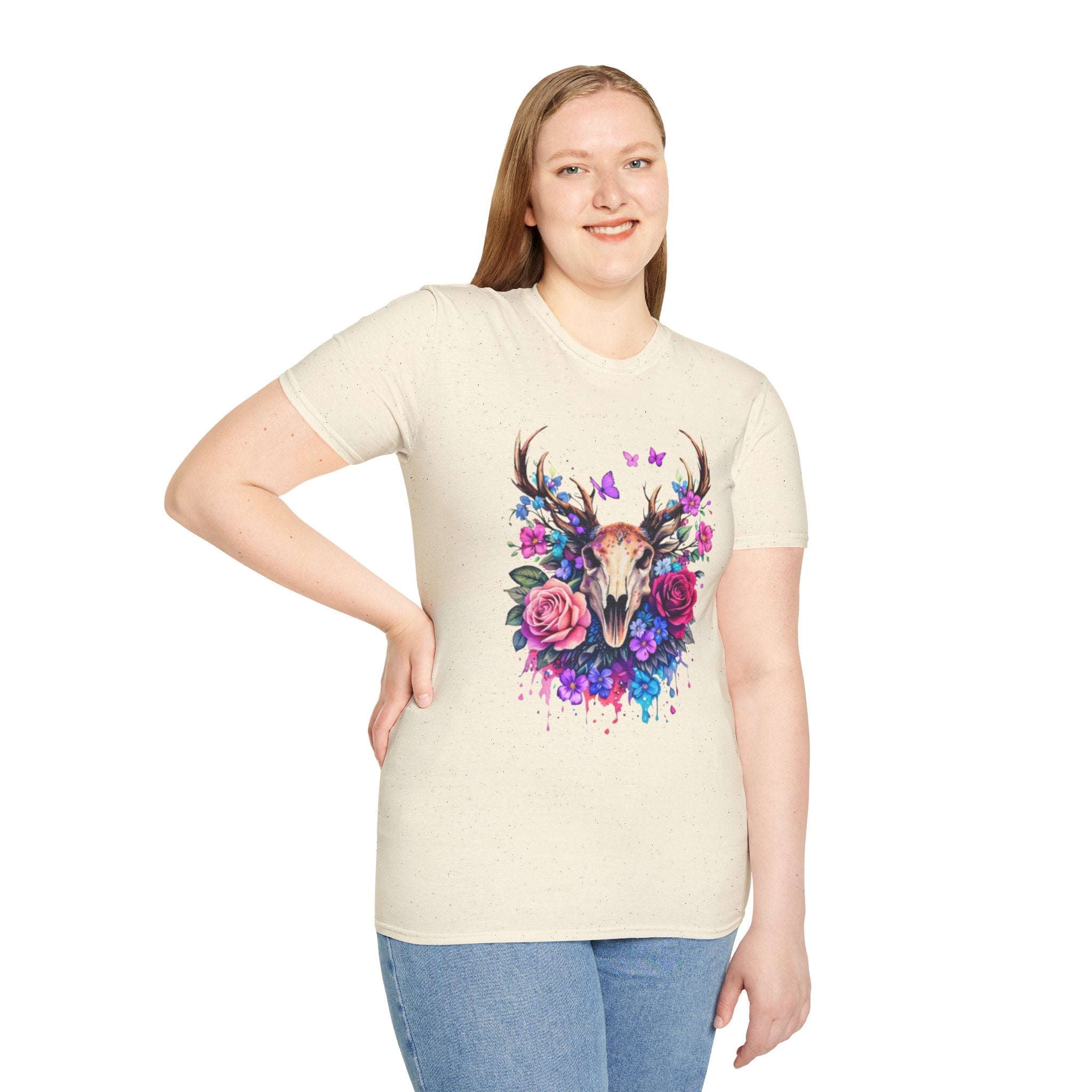 Deer Skull Floral T‑Shirt — Colorful Antler Skull with Roses
