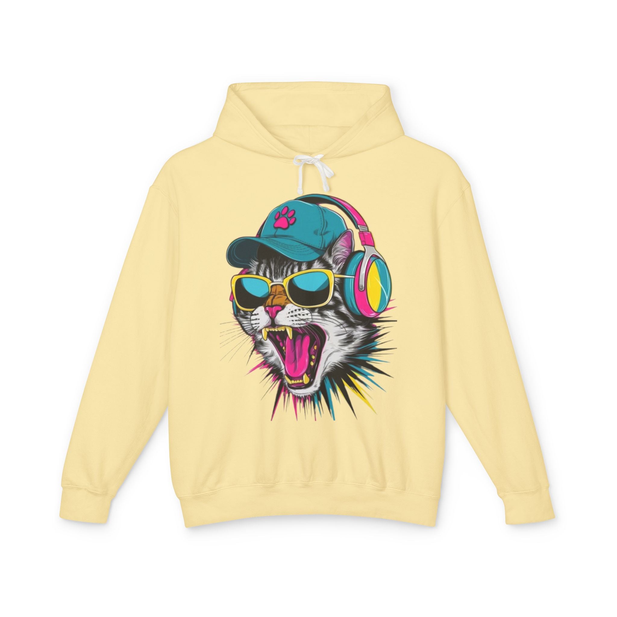 Cat DJ Hoodie — Neon Retro Cat With Headphones Graphic Hoodie
