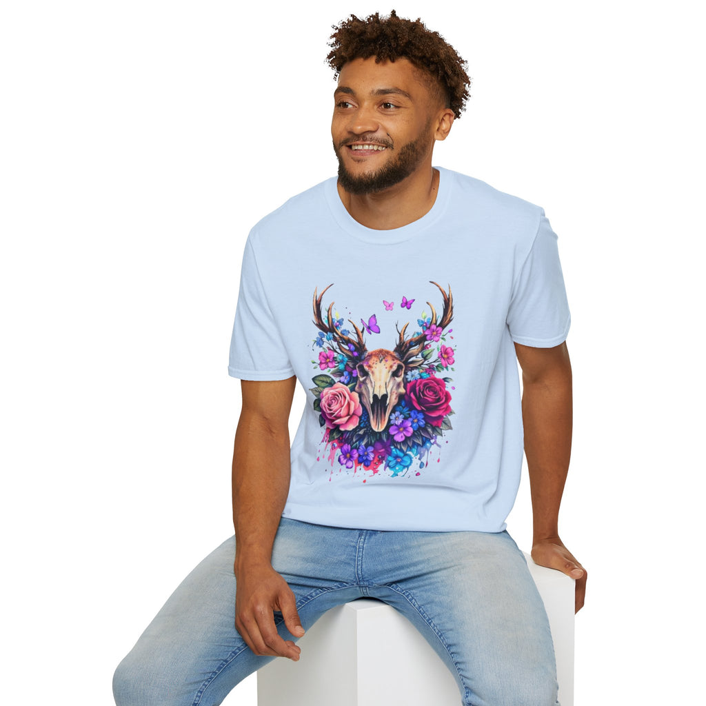 Deer Skull Floral T‑Shirt — Colorful Antler Skull with Roses