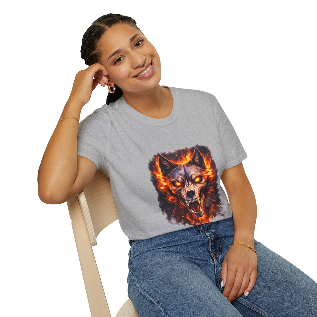 Flaming Wolf Skull T-Shirt — Fiery Wolf Head Graphic Tee
