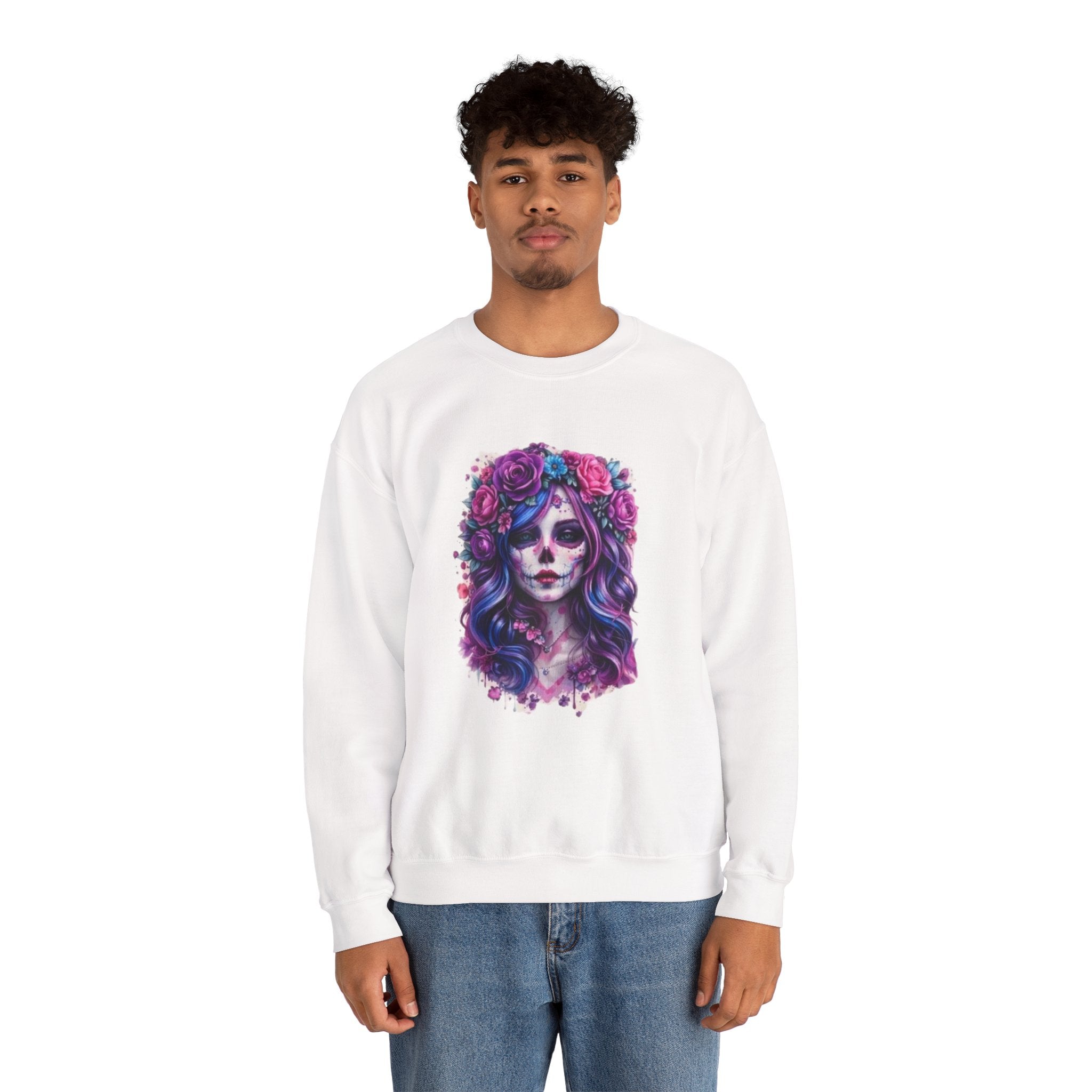 Sugar Skull Floral Crewneck Sweatshirt — Day of the Dead Skull Girl Design