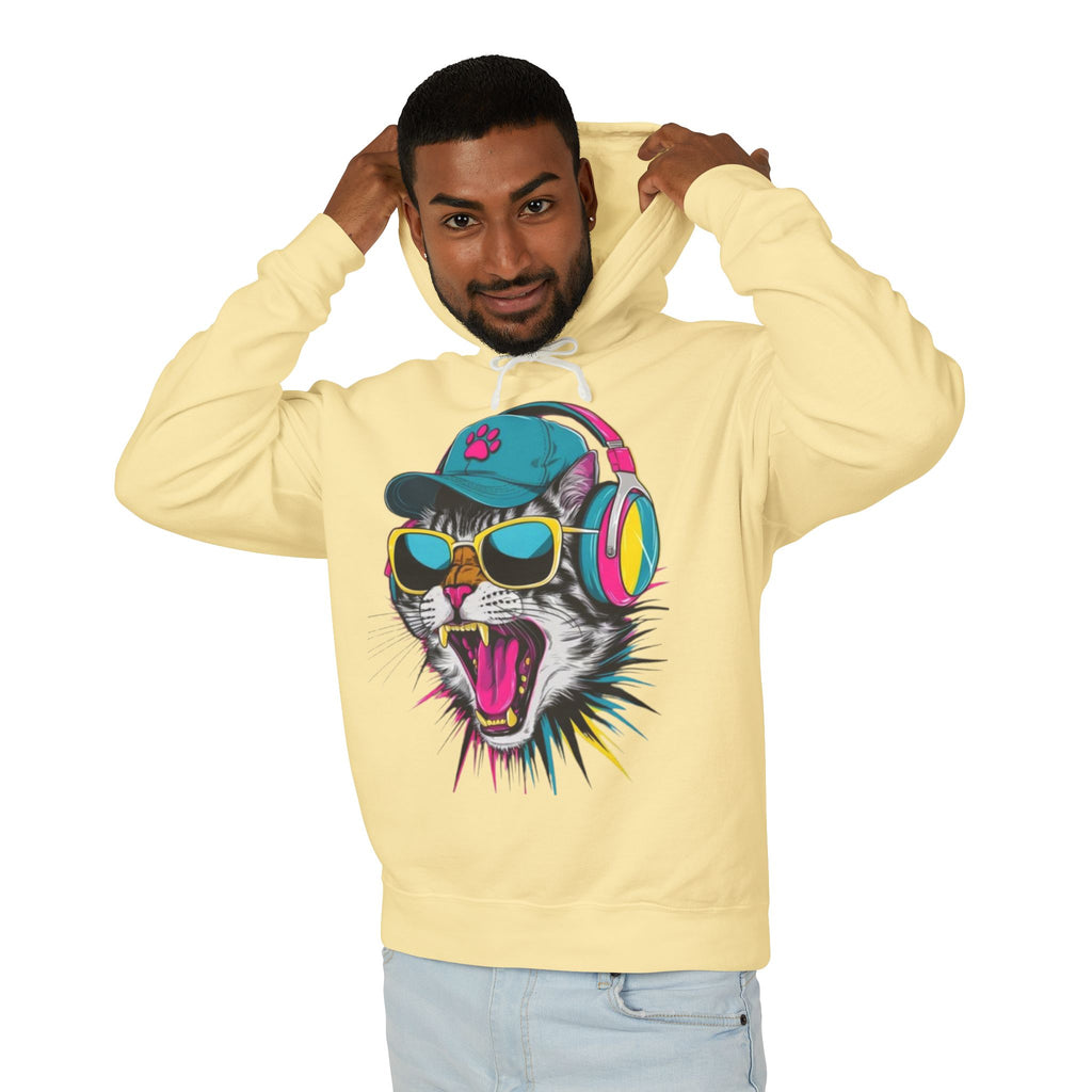 Cat DJ Hoodie — Neon Retro Cat With Headphones Graphic Hoodie