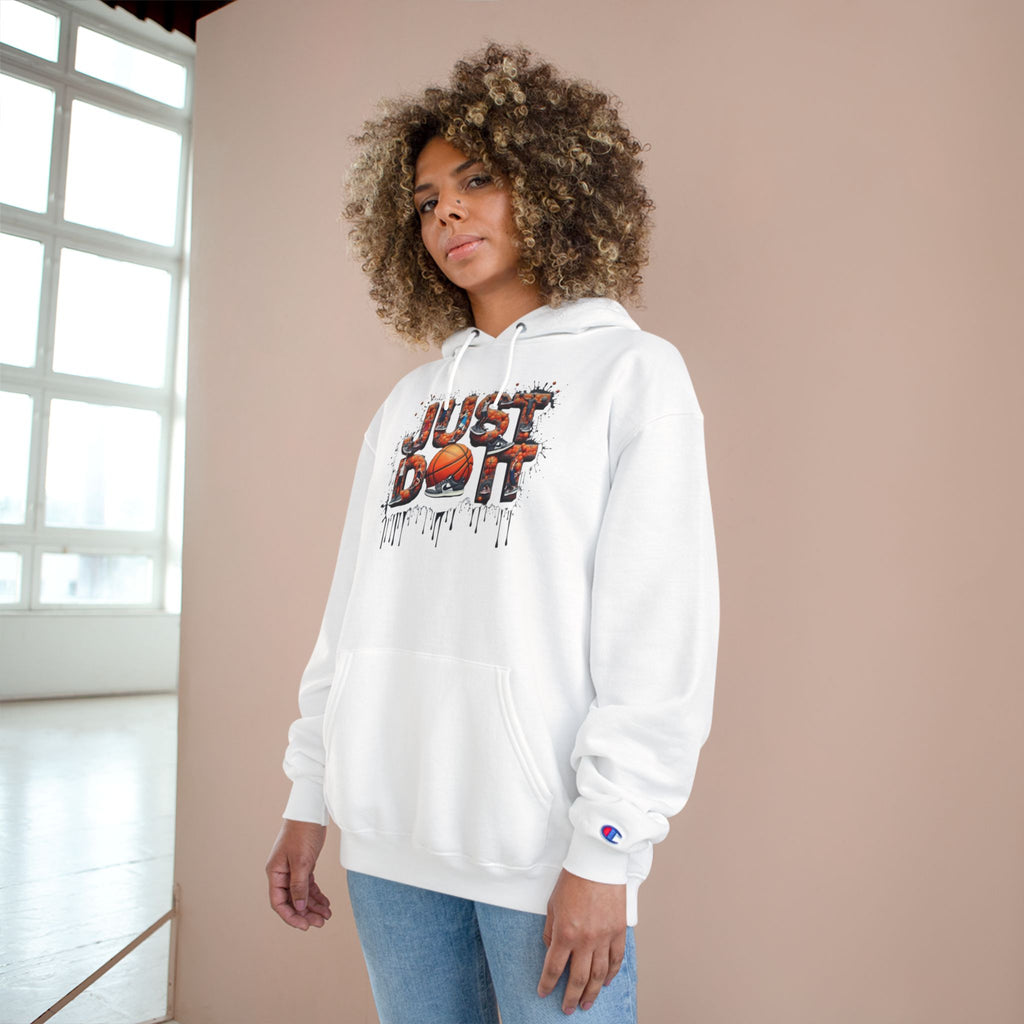 Just Do It Hoodie — White Champion Pullover with Drip Graffiti Text