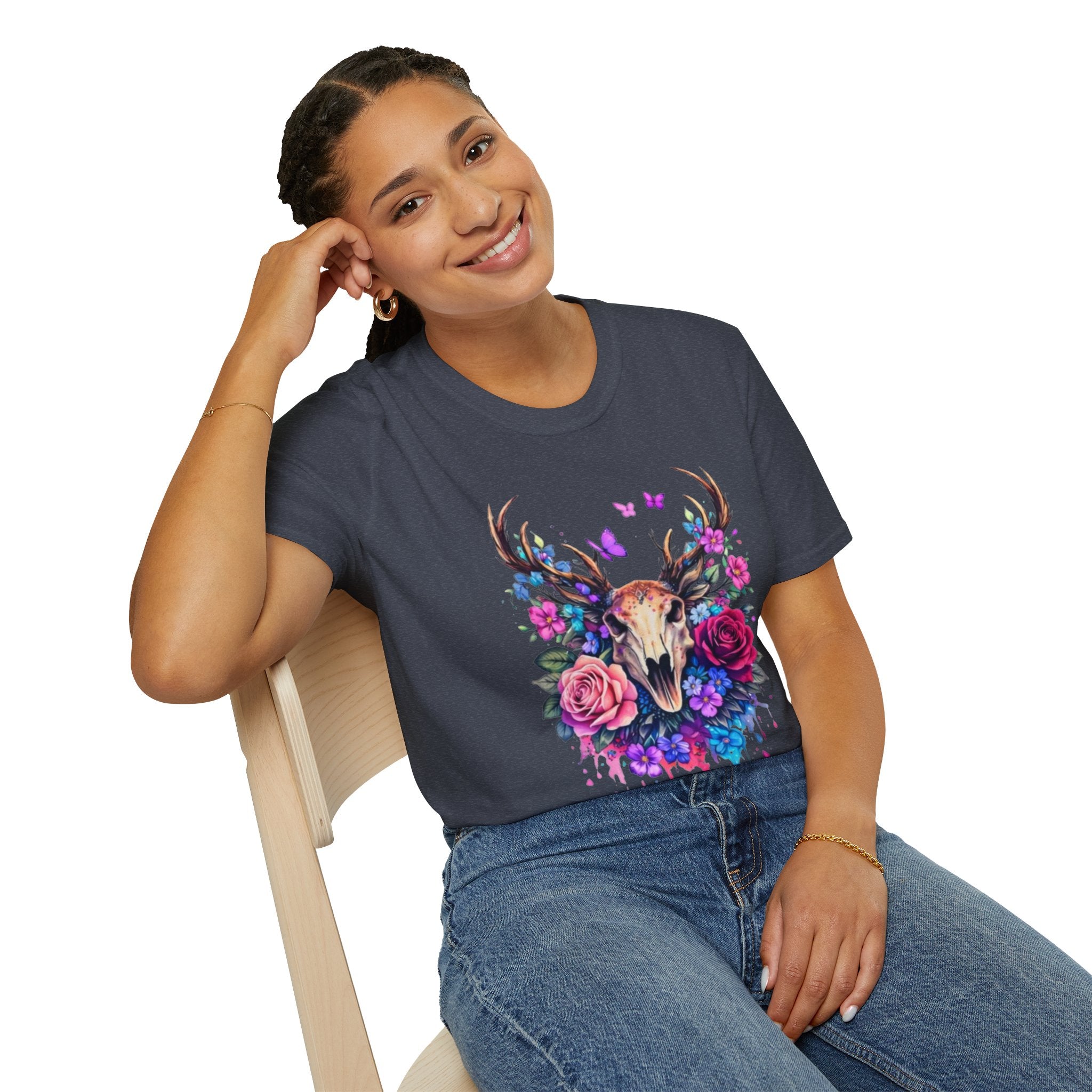 Deer Skull Floral T‑Shirt — Colorful Antler Skull with Roses