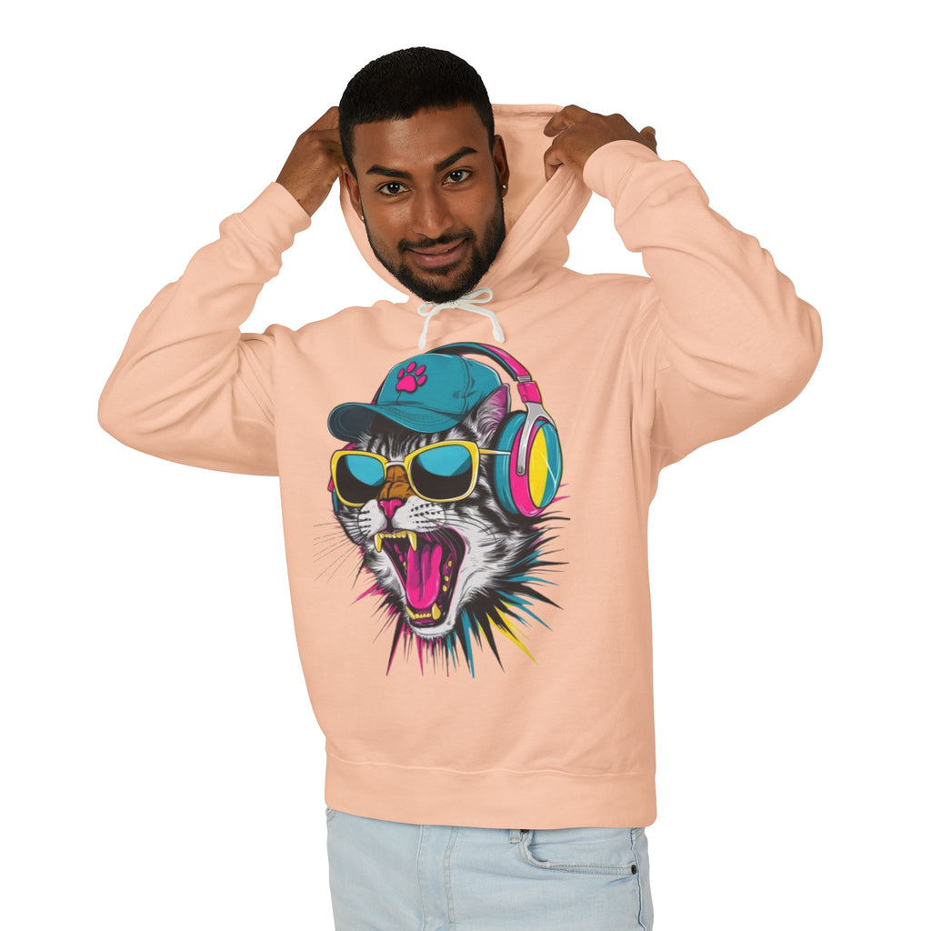 Cat DJ Hoodie — Neon Retro Cat With Headphones Graphic Hoodie