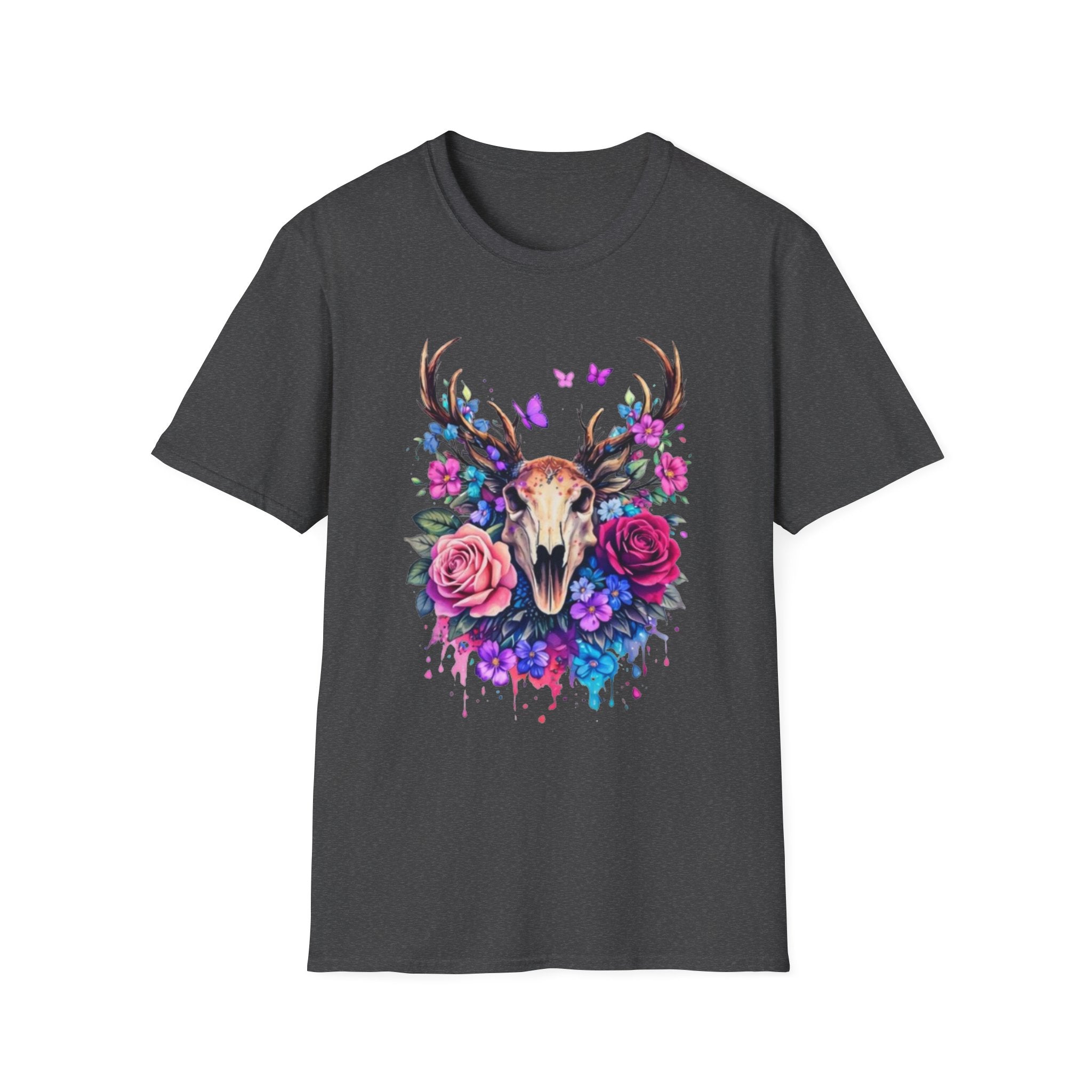 Deer Skull Floral T‑Shirt — Colorful Antler Skull with Roses