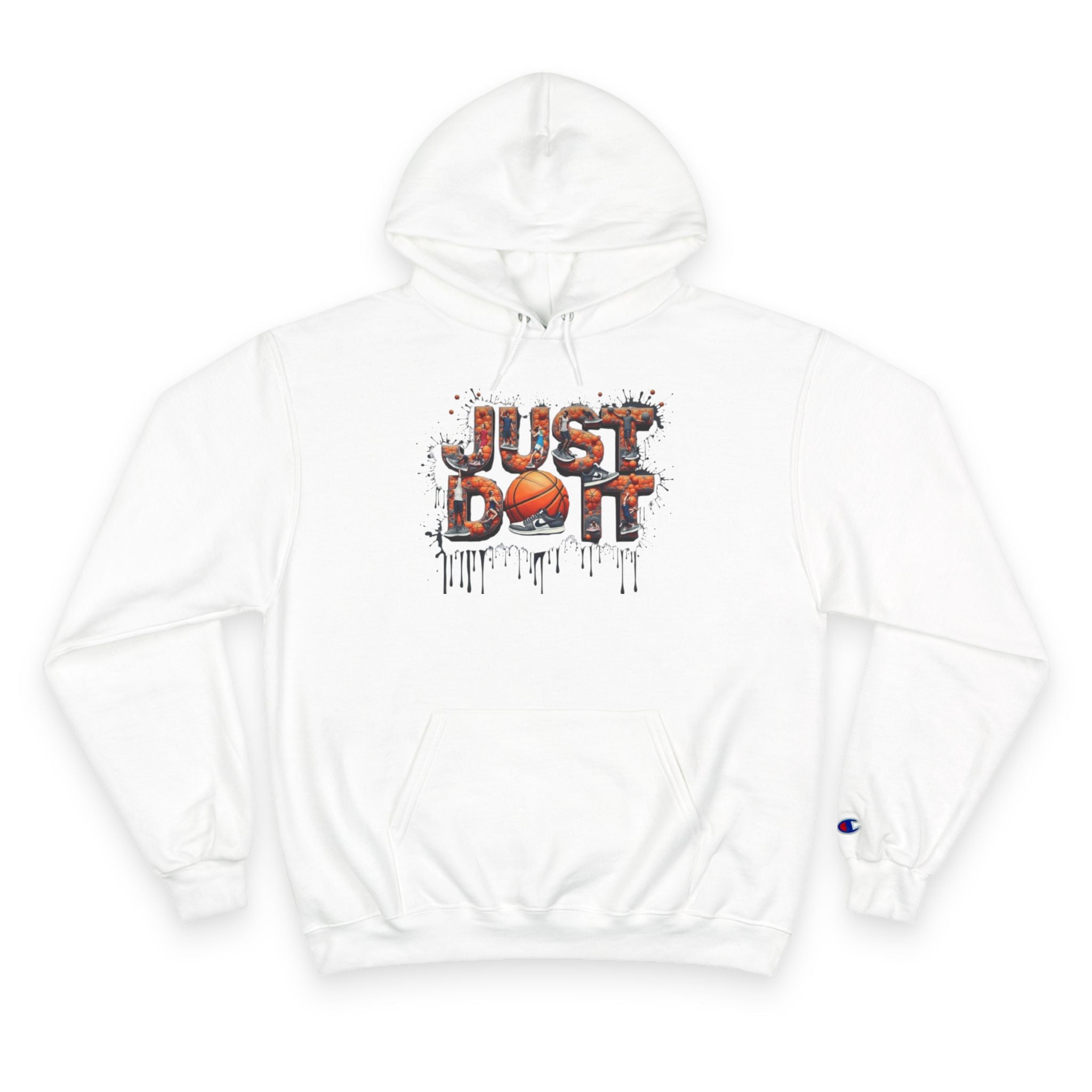 Just Do It Hoodie — White Champion Pullover with Drip Graffiti Text