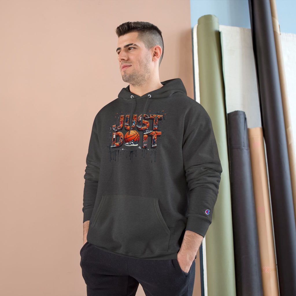 Just Do It Hoodie — White Champion Pullover with Drip Graffiti Text