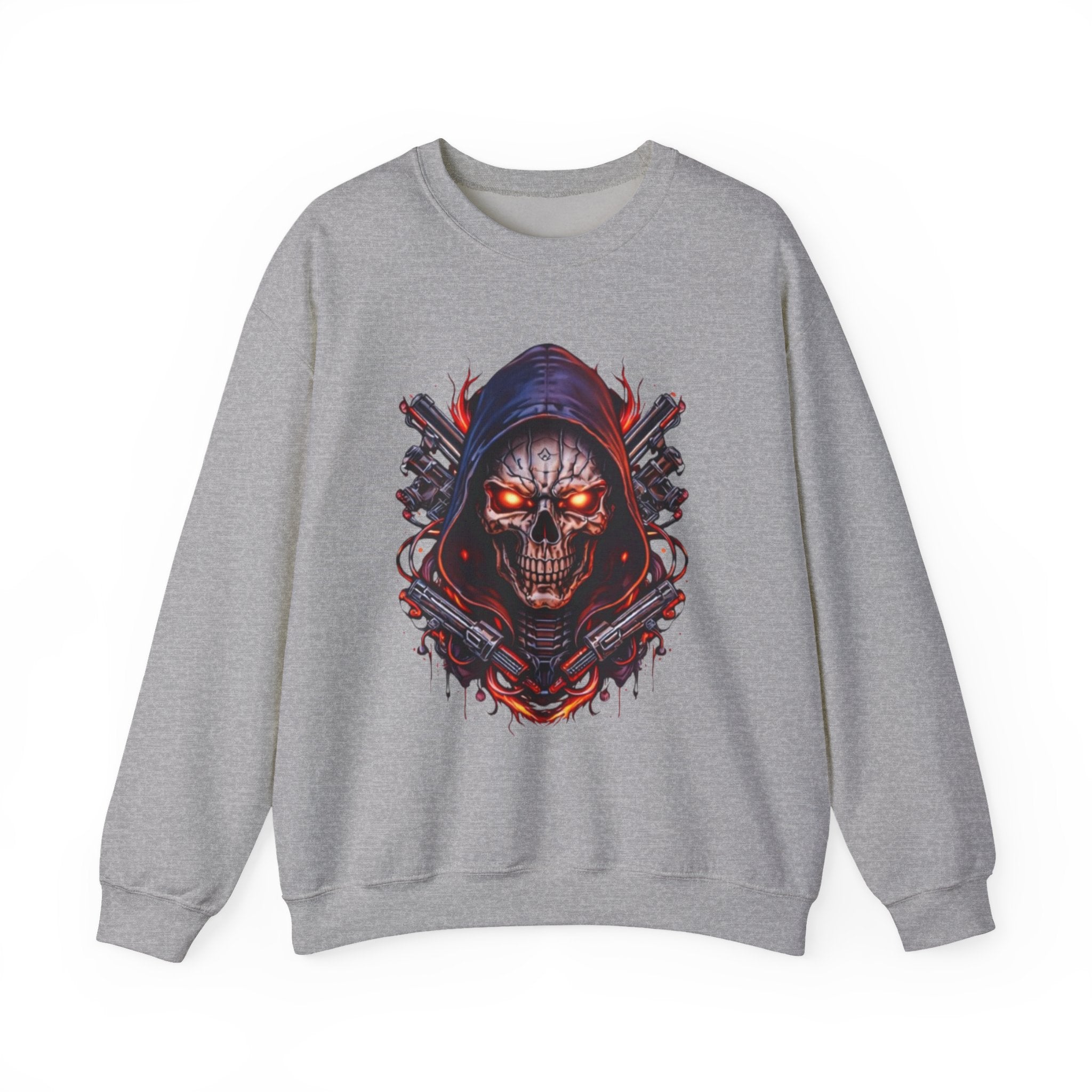Skull Reaper Crewneck Sweatshirt — Gothic Hooded Skull Graphic