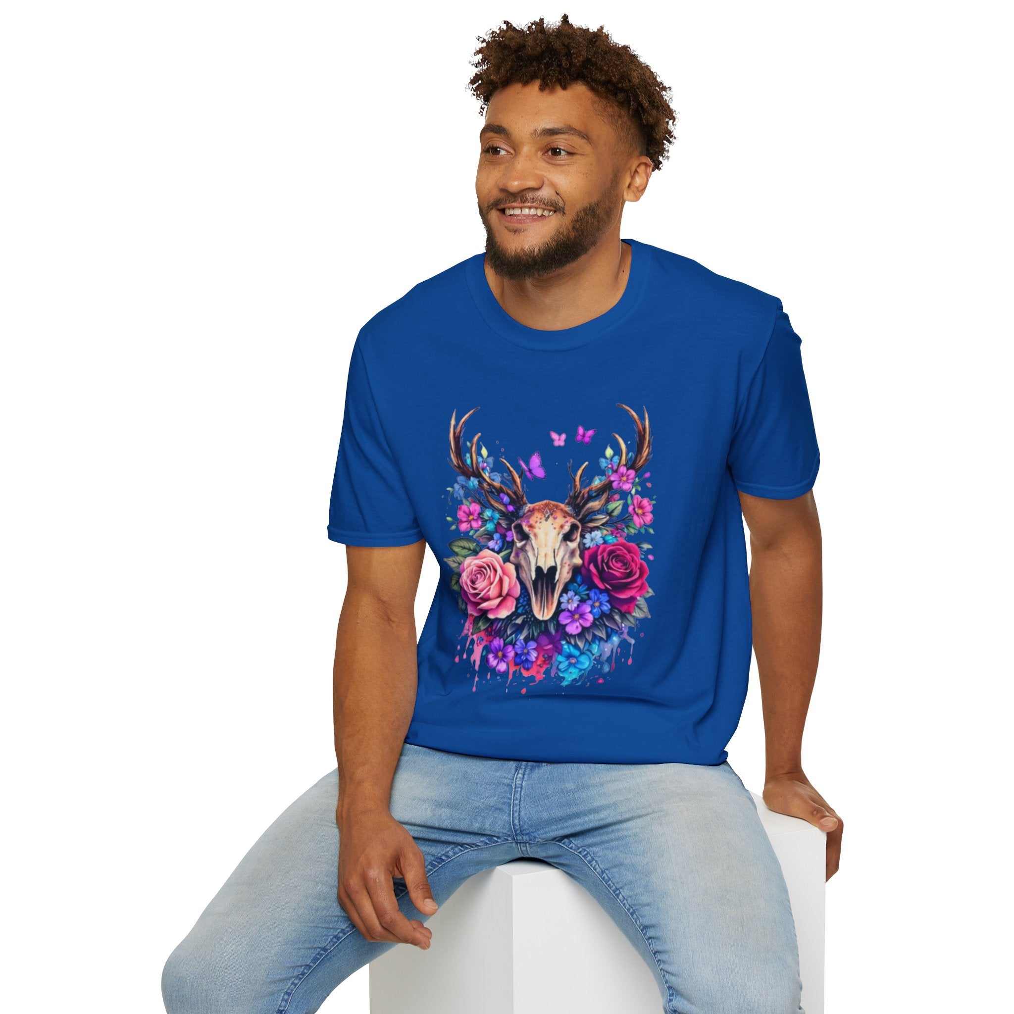 Deer Skull Floral T‑Shirt — Colorful Antler Skull with Roses