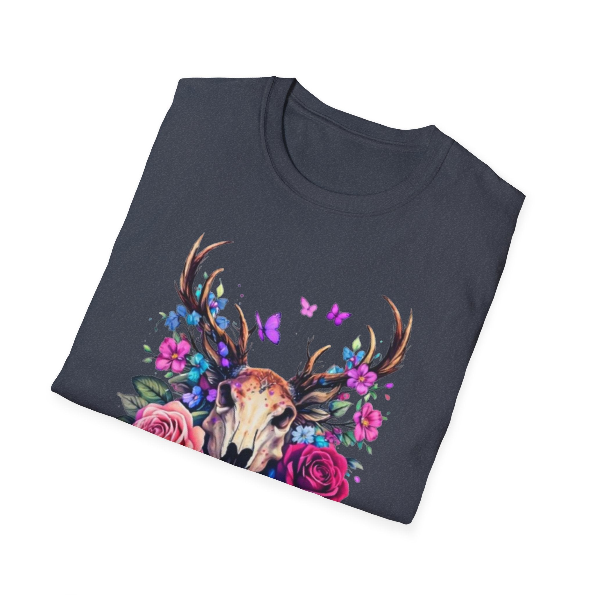 Deer Skull Floral T‑Shirt — Colorful Antler Skull with Roses