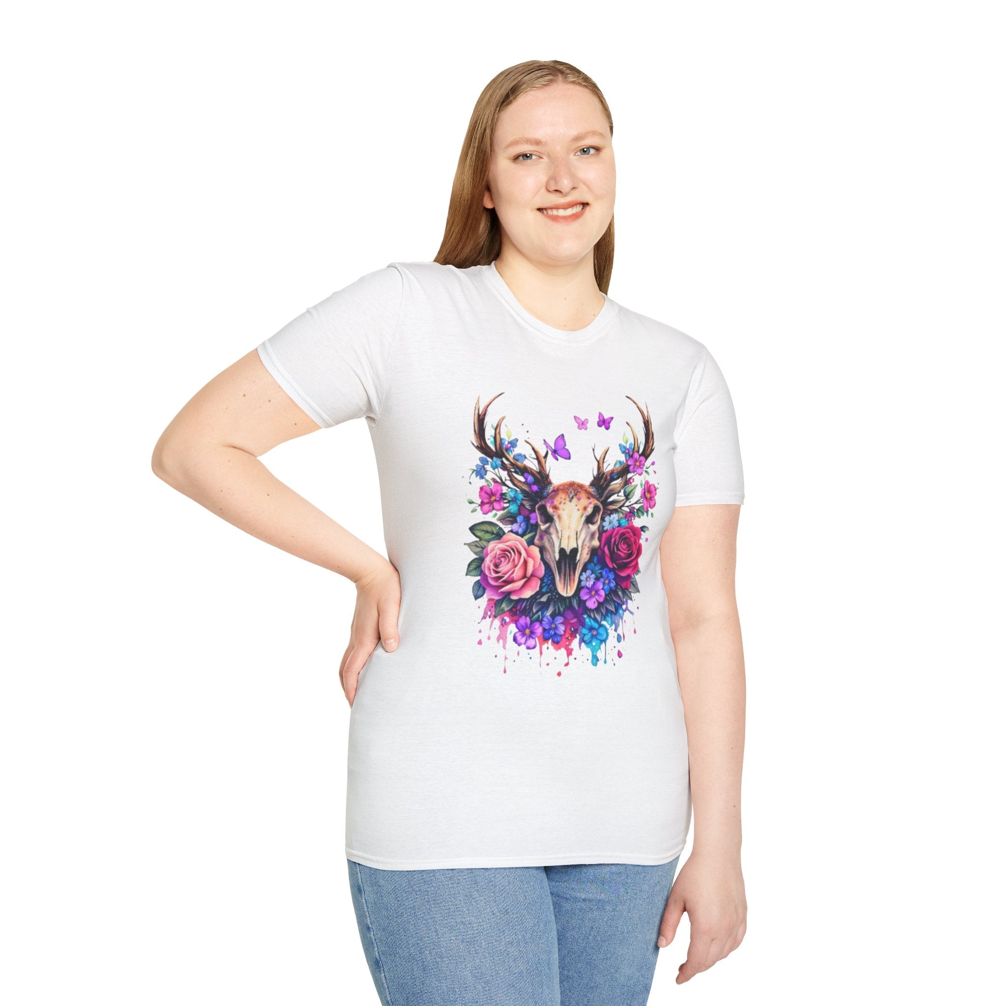 Deer Skull Floral T‑Shirt — Colorful Antler Skull with Roses