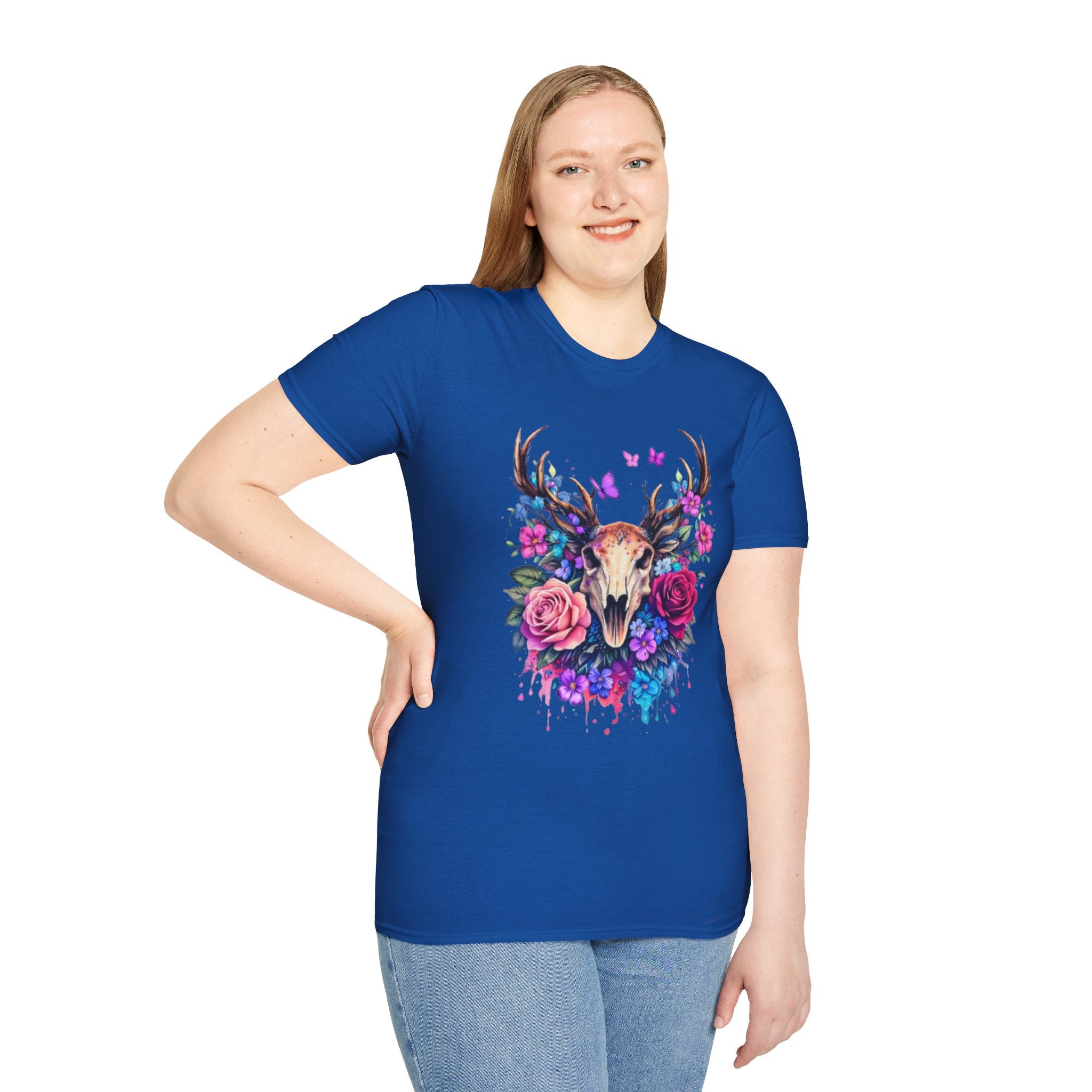Deer Skull Floral T‑Shirt — Colorful Antler Skull with Roses