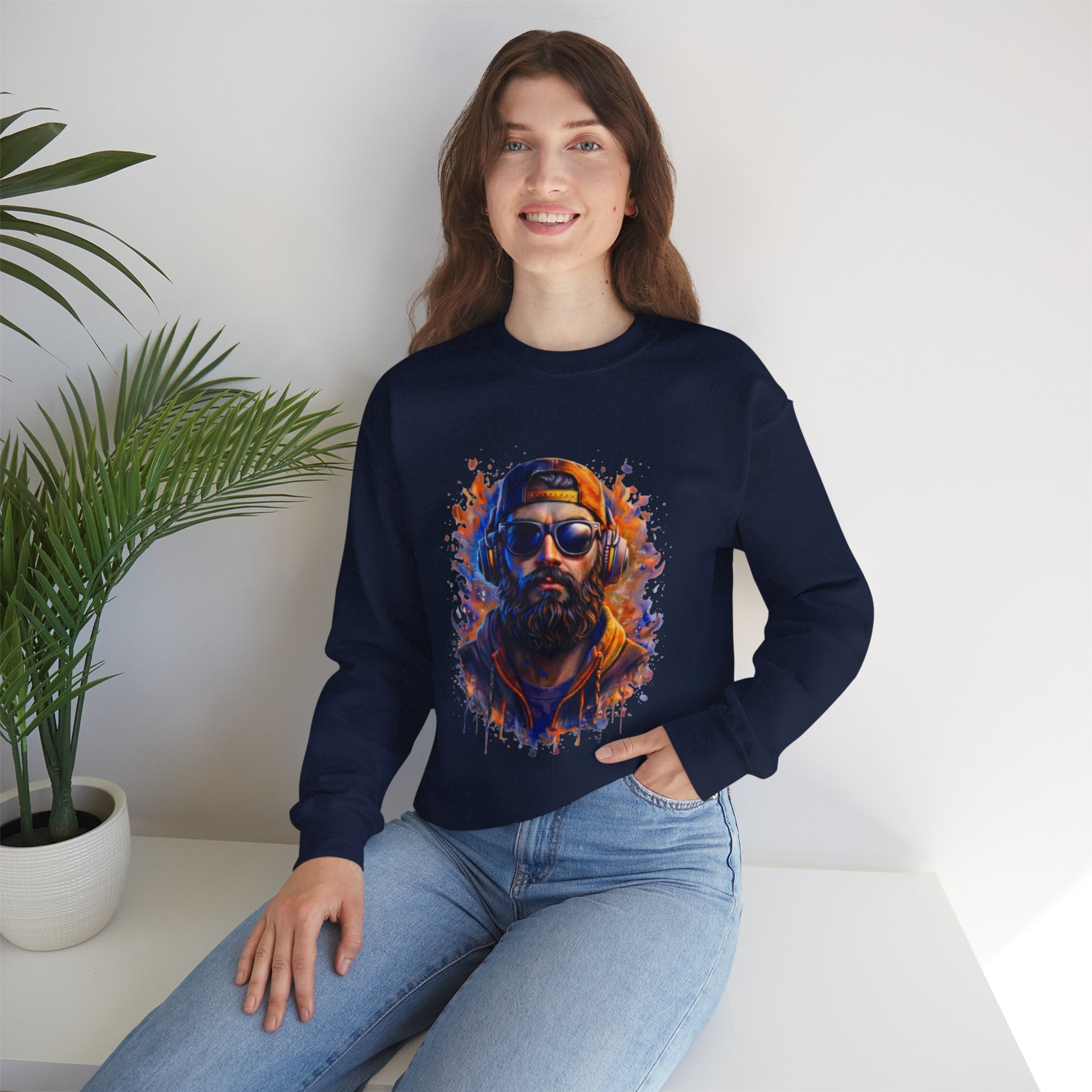 Bearded Hipster Portrait Sweatshirt — Artistic Drip Paint Crewneck