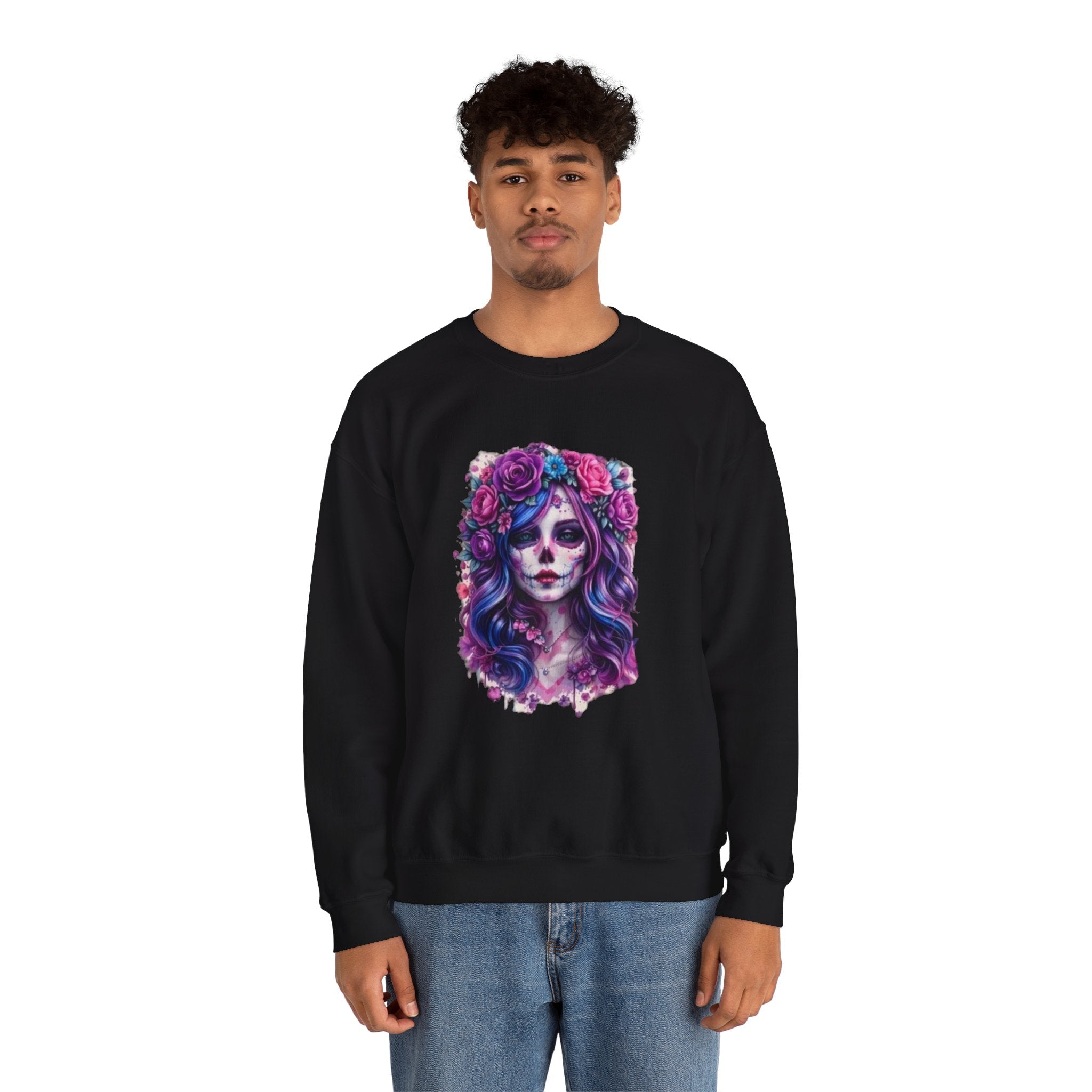 Sugar Skull Floral Crewneck Sweatshirt — Day of the Dead Skull Girl Design