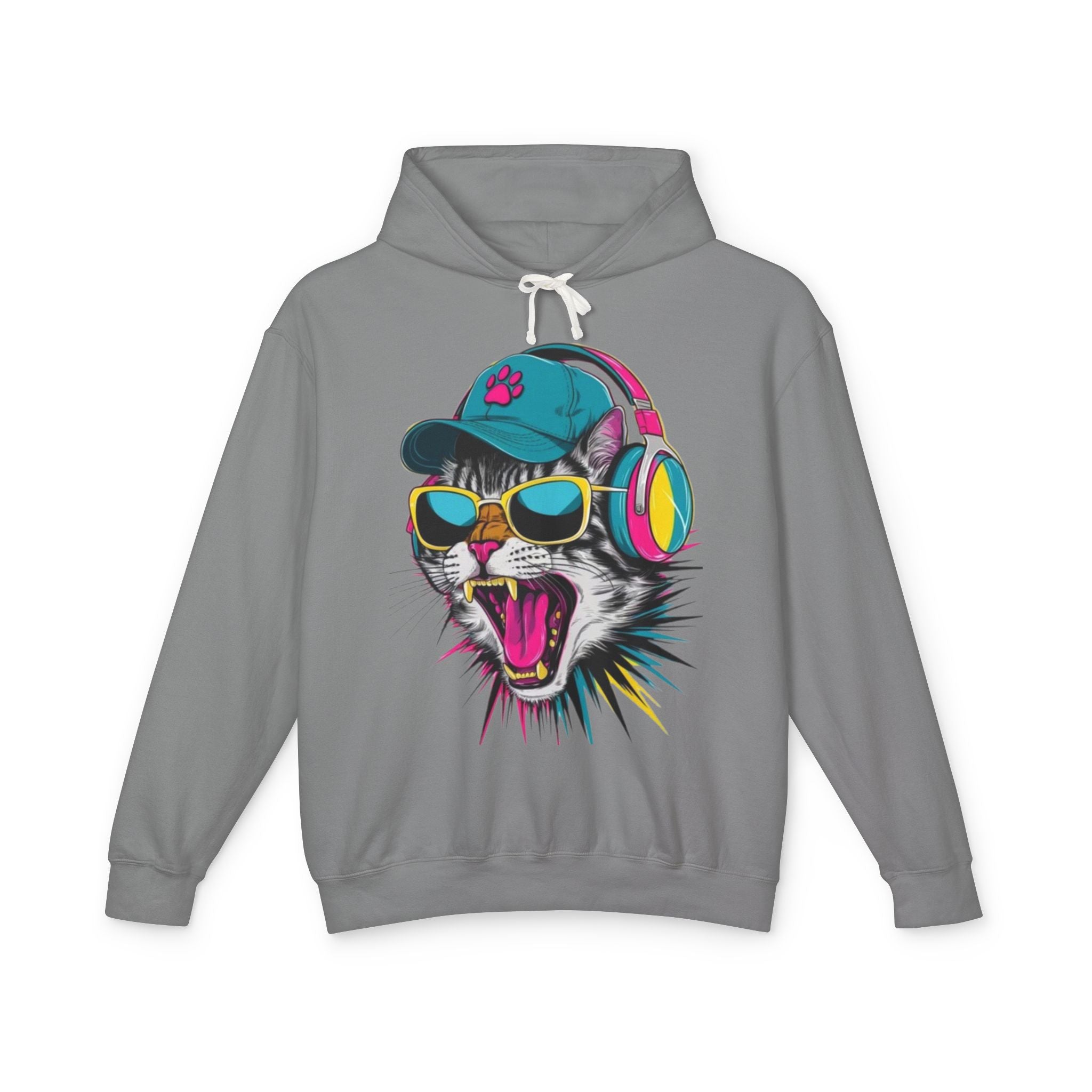 Cat DJ Hoodie — Neon Retro Cat With Headphones Graphic Hoodie