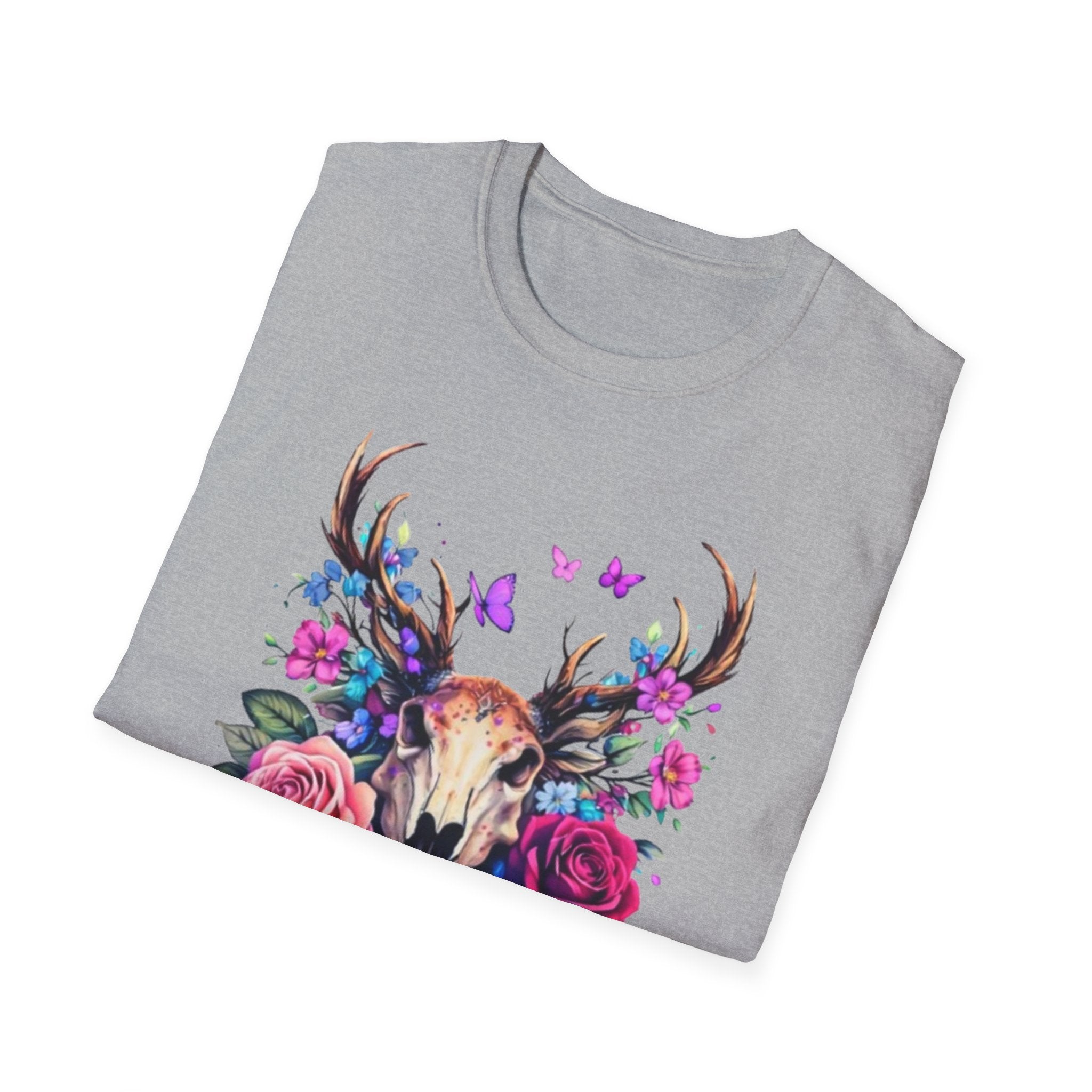 Deer Skull Floral T‑Shirt — Colorful Antler Skull with Roses