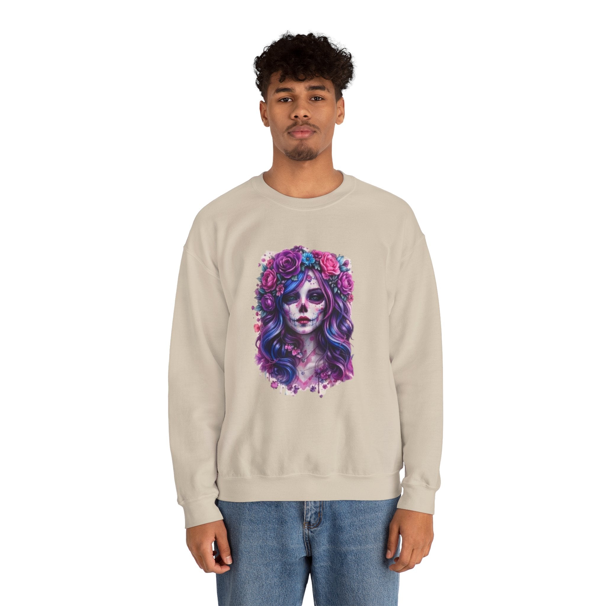 Sugar Skull Floral Crewneck Sweatshirt — Day of the Dead Skull Girl Design