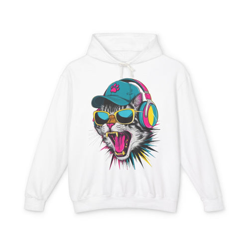 Cat DJ Hoodie — Neon Retro Cat With Headphones Graphic Hoodie
