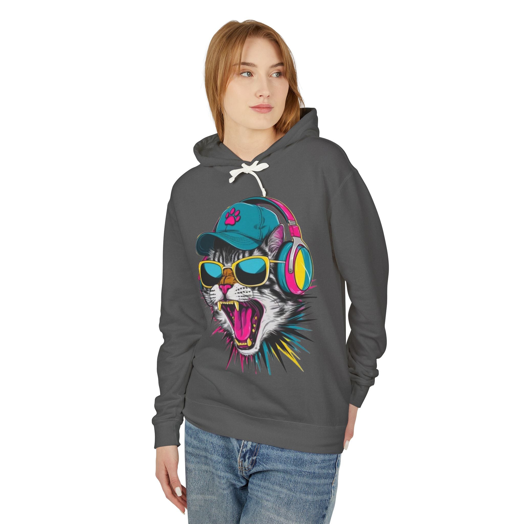 Cat DJ Hoodie — Neon Retro Cat With Headphones Graphic Hoodie