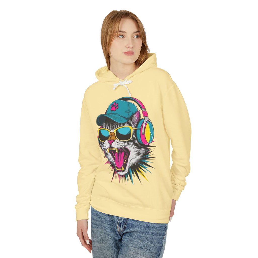 Cat DJ Hoodie — Neon Retro Cat With Headphones Graphic Hoodie